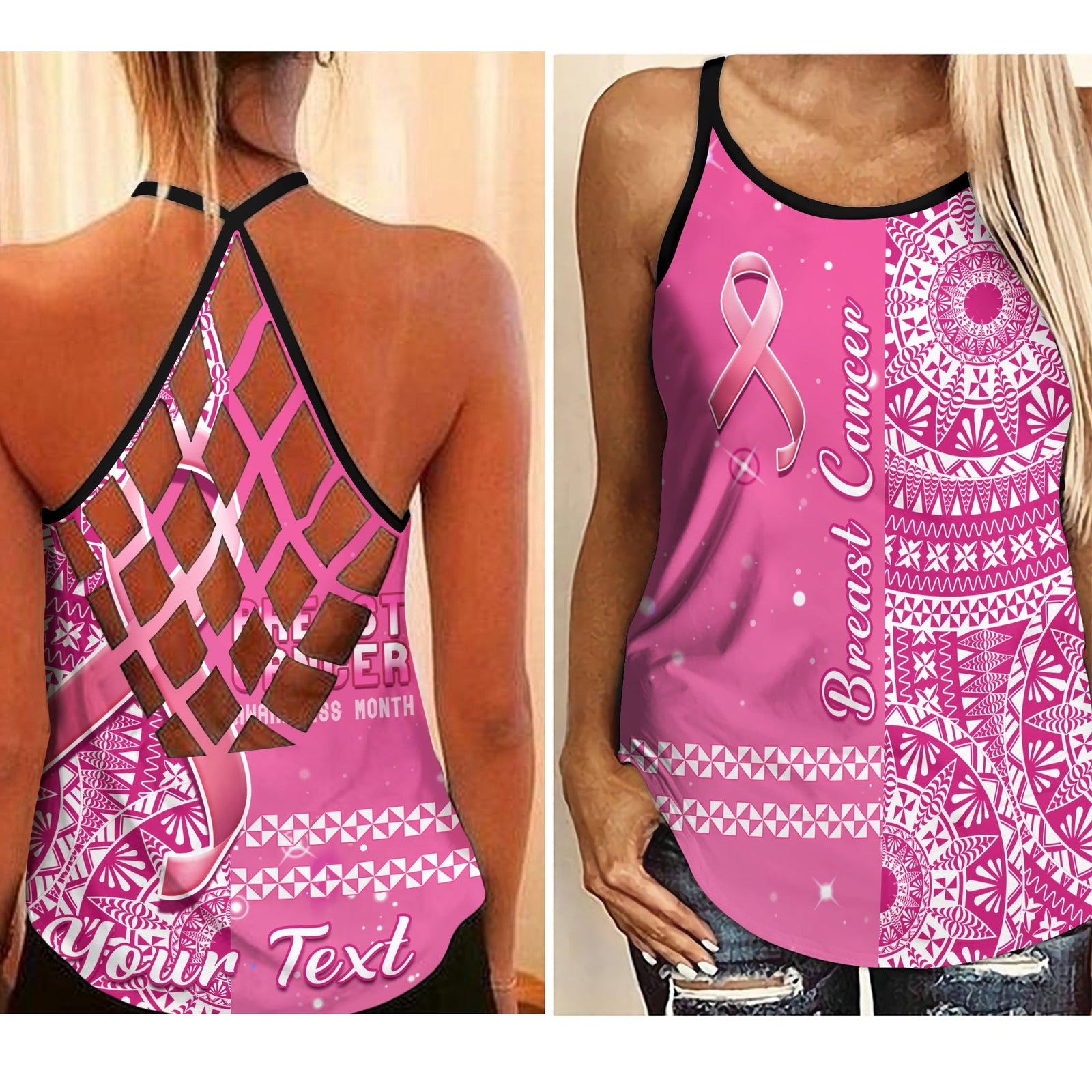 (Custom Personalised) Tonga Breast Cancer Criss Cross Tank Top Tongan Ngatu Pattern No One Fights Alone LT14 Female Pink - Polynesian Pride