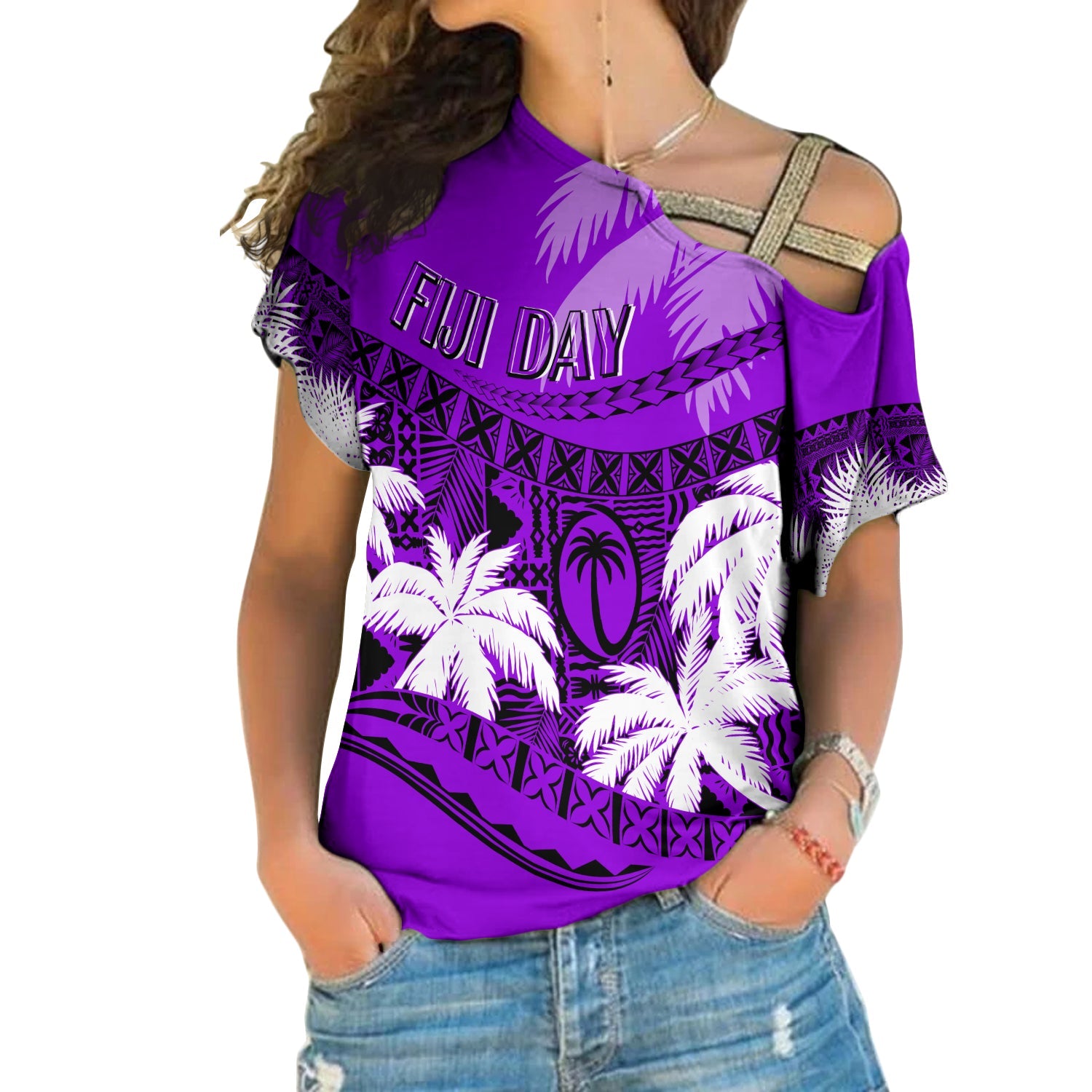 Personalised Fiji Day Cross Shoulder Shirt Flying Fijians Masi Kesa Style - Violet LT7 Female Violet - Polynesian Pride