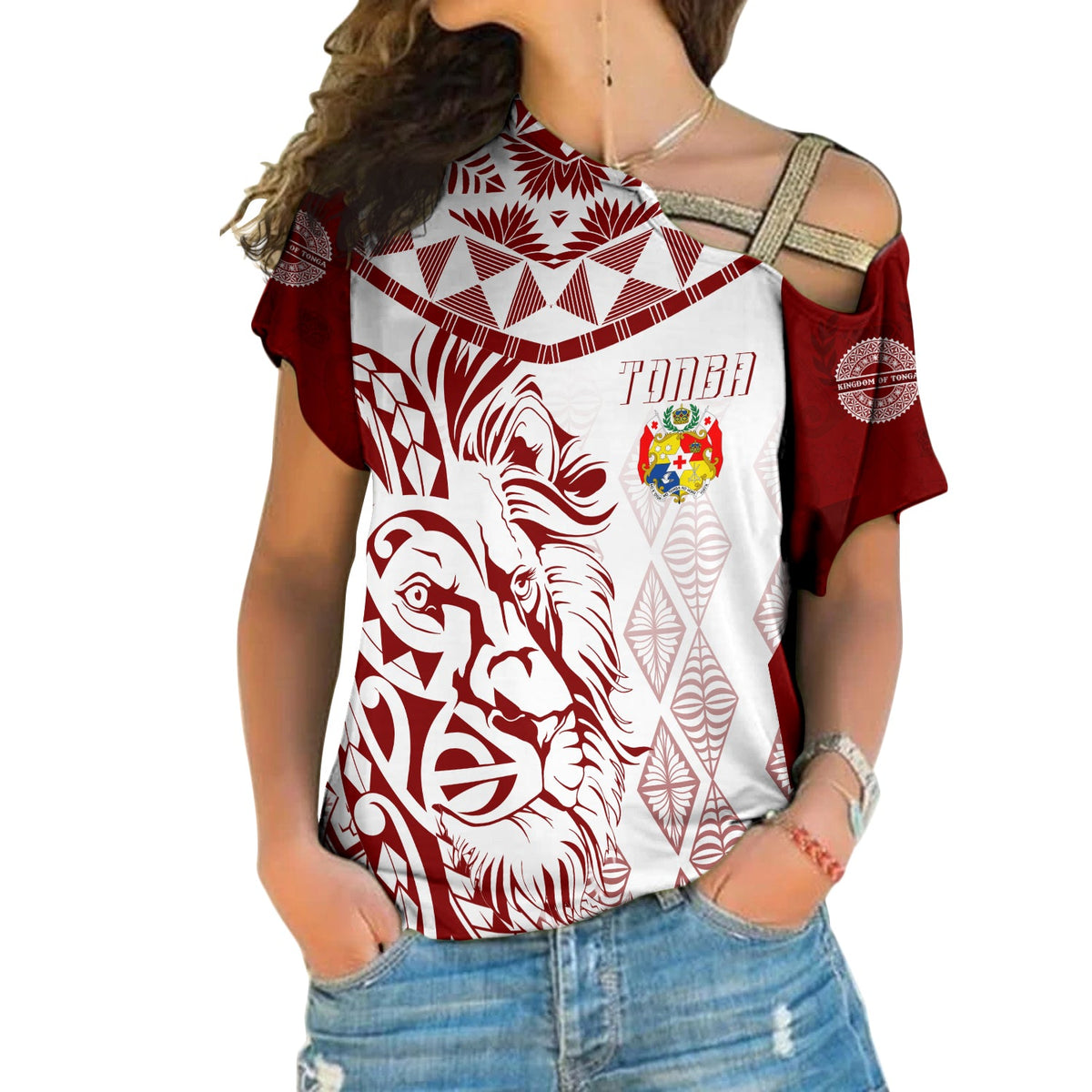 Tonga Personalised Cross Shoulder Shirt Emancipation Day Lion Style LT7 Female White - Polynesian Pride