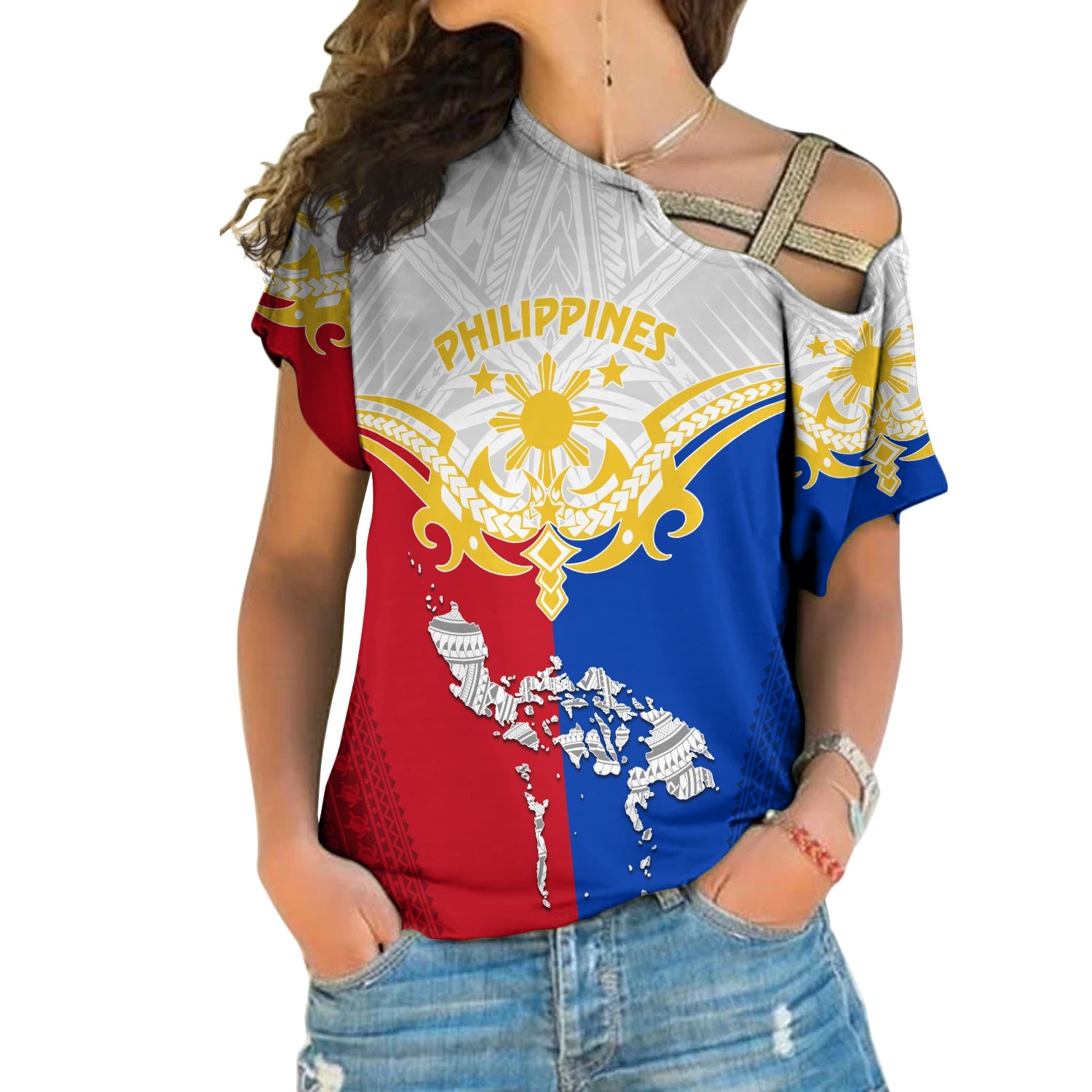 Personalised Philippines Cross Shoulder Shirt Tribal Mix Style LT7 Female White - Polynesian Pride