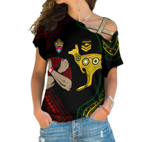 Personalised Aussie Kangaroos Mix Mate Maa Tonga Cross Shoulder Shirt Aboriginal with Kupesi LT7 Female Black - Polynesian Pride