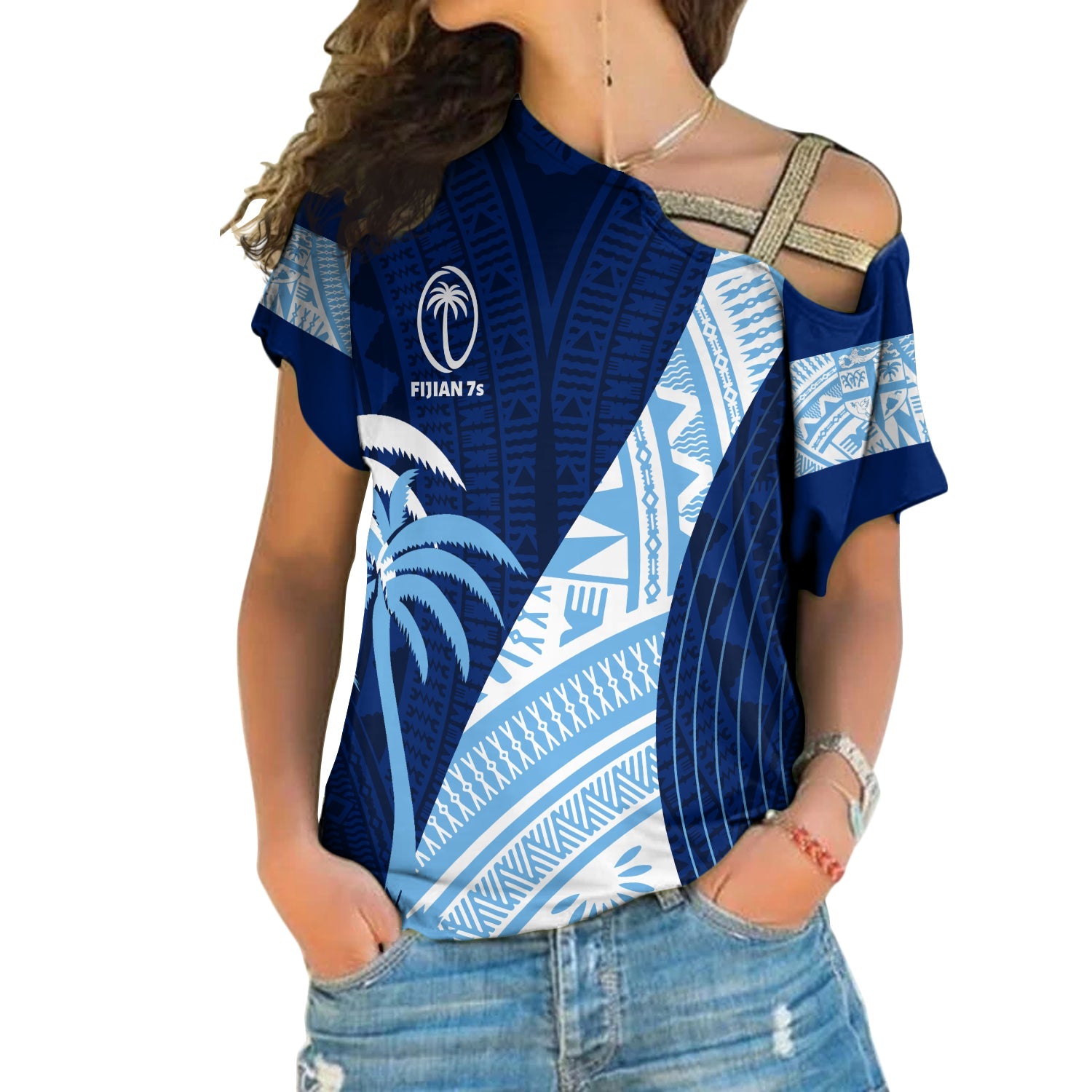 Personalised Fiji Sevens Cross Shoulder Shirt Kaiviti Kesakesa LT7 Female Blue - Polynesian Pride