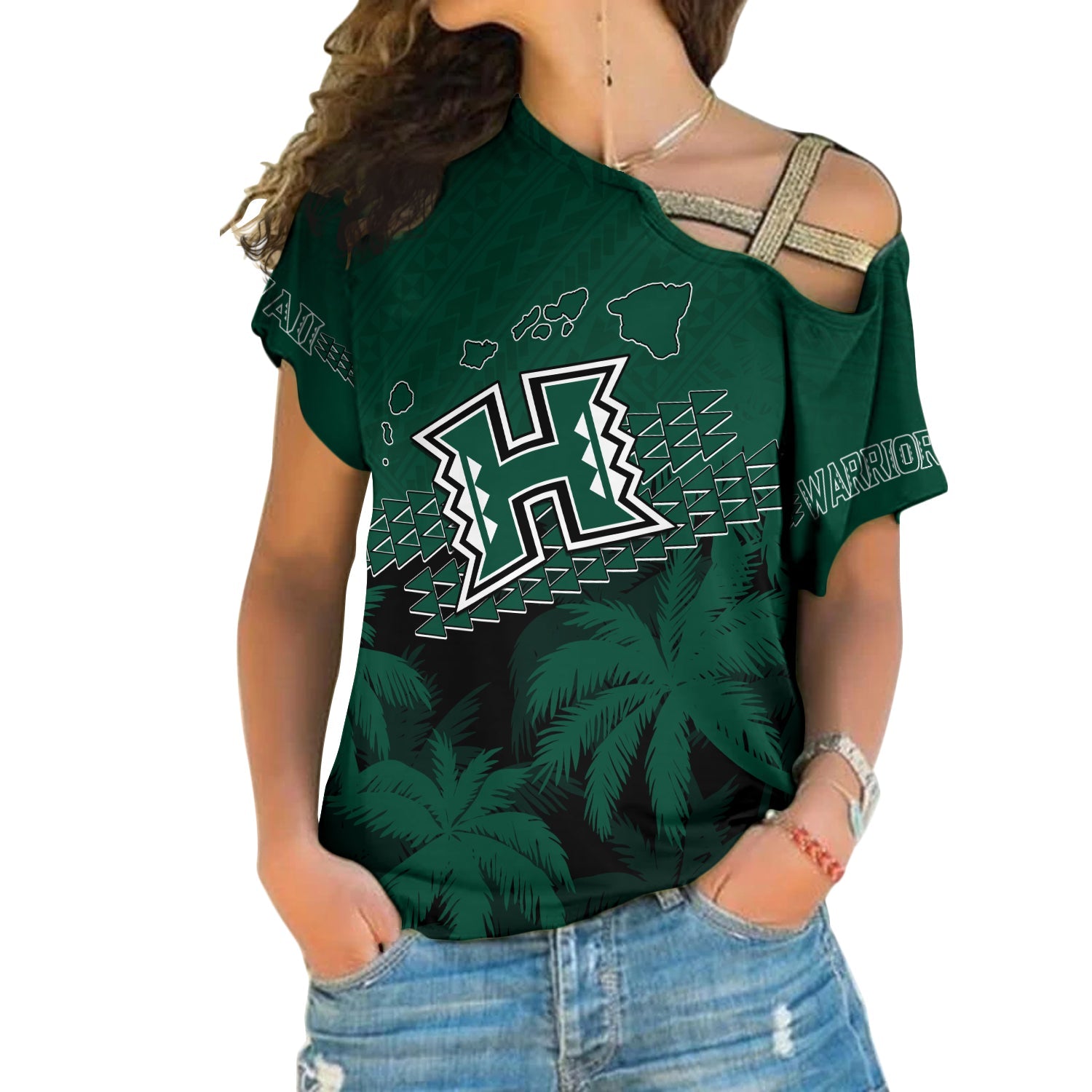 Personalised Hawaii Rainbow Warriors Cross Shoulder Shirt Laau Pama LT7 Female Black - Polynesian Pride