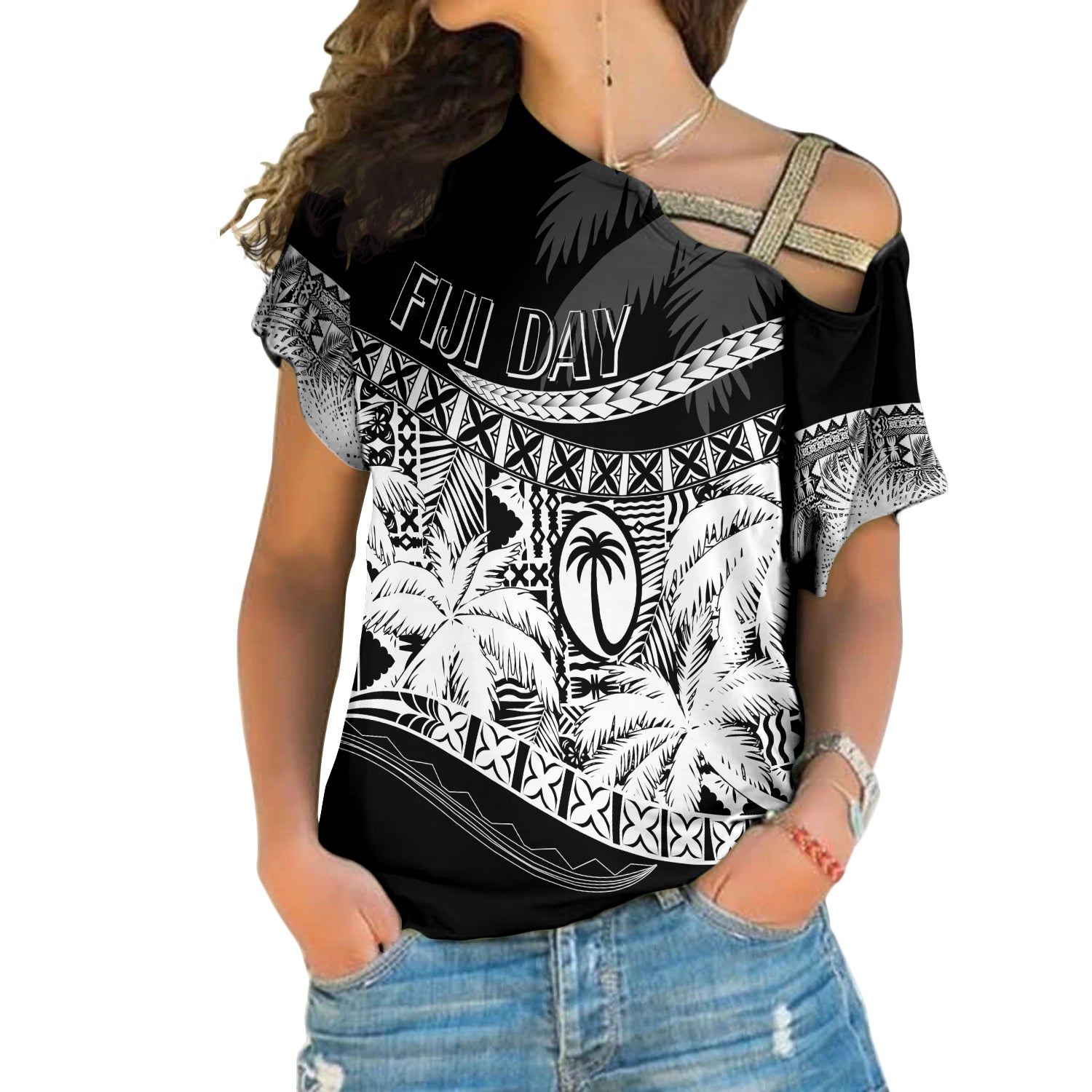 Personalised Fiji Day Cross Shoulder Shirt Flying Fijians Masi Kesa Style - Black LT7 Female Black - Polynesian Pride