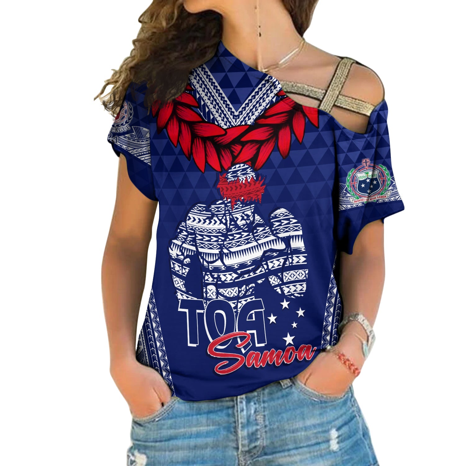 Personalised Toa Samoa Cross Shoulder Shirt Ulafala Style Samoa Warriors LT7 Female Blue - Polynesian Pride