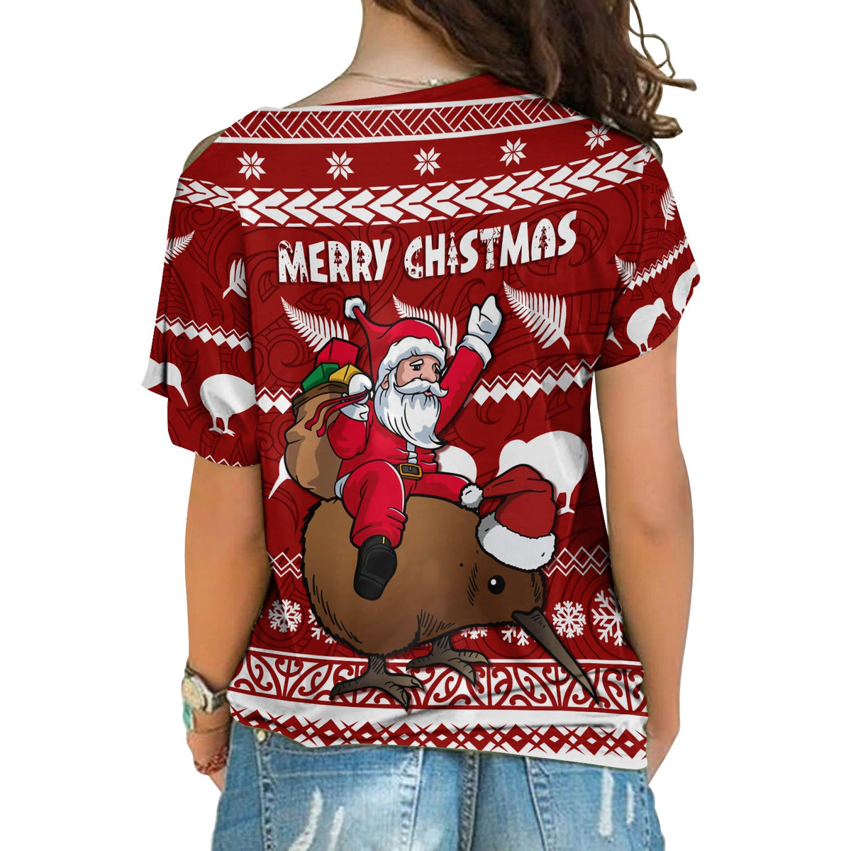 New Zealand Xmas Cross Shoulder Shirt Mere Kirihimete - Santa With Kiwi Bird LT7 - Polynesian Pride