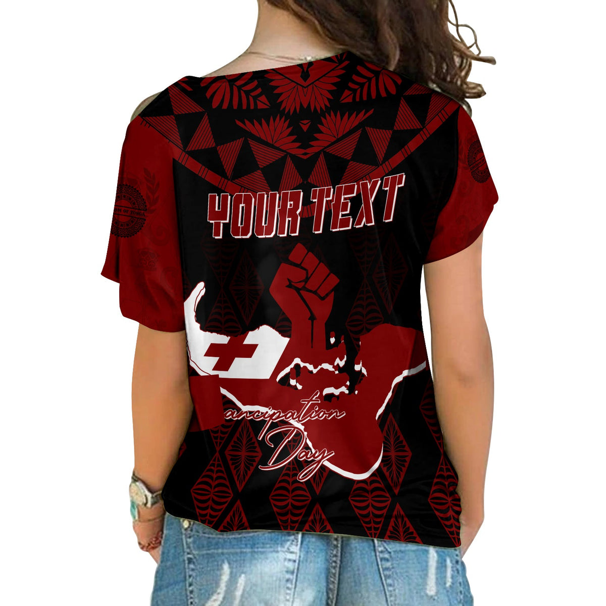 Tonga Personalised Cross Shoulder Shirt Emancipation Day Lion Style - Black LT7 - Polynesian Pride