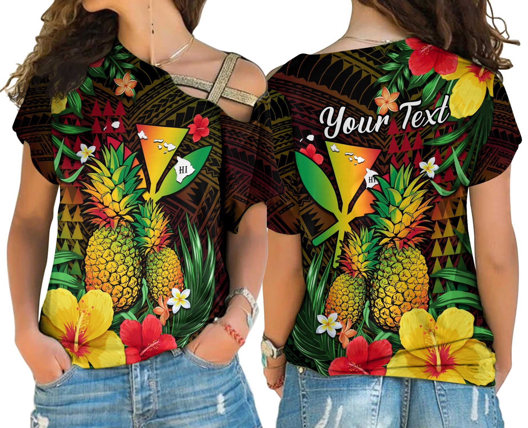 (Custom Personalised) Hawaii Cross Shoulder Shirt Pineapple Mix Kakau Reggae Kanaka LT14 Female Reggae - Polynesian Pride