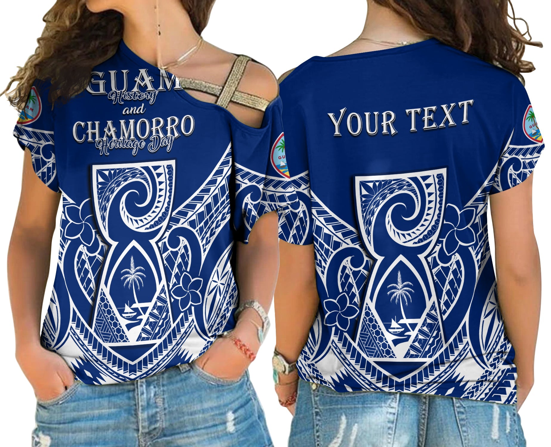 (Custom Personalised) Guam History and Chamorro Heritage Day Cross Shoulder Shirt Latte Stone Polynesian LT14 Female Blue - Polynesian Pride