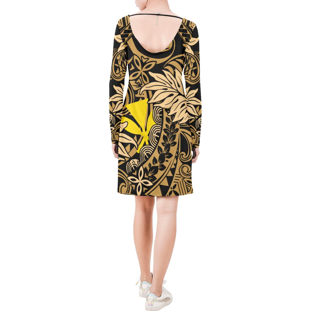 Hawaii Long Sleeve String Tie Dress - Yellow Hibiscus - Polynesian Pride