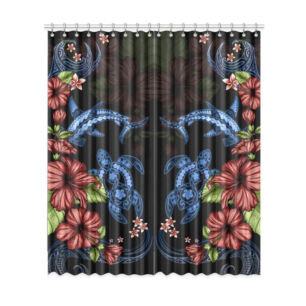 Turtle And Shark With Hibiscus Window Curtain ( Two Piece) One Size 52"x120"(Two Piece) Black - Polynesian Pride