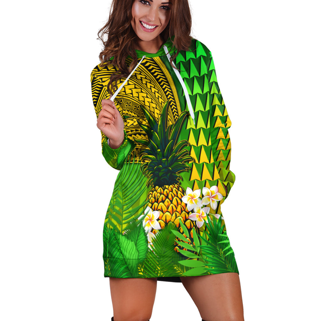 (Custom Personalised) Hawaii Pineapple Hoodie Dress Plumeria Frangipani Mix Tribal Pattern LT13 - Polynesian Pride