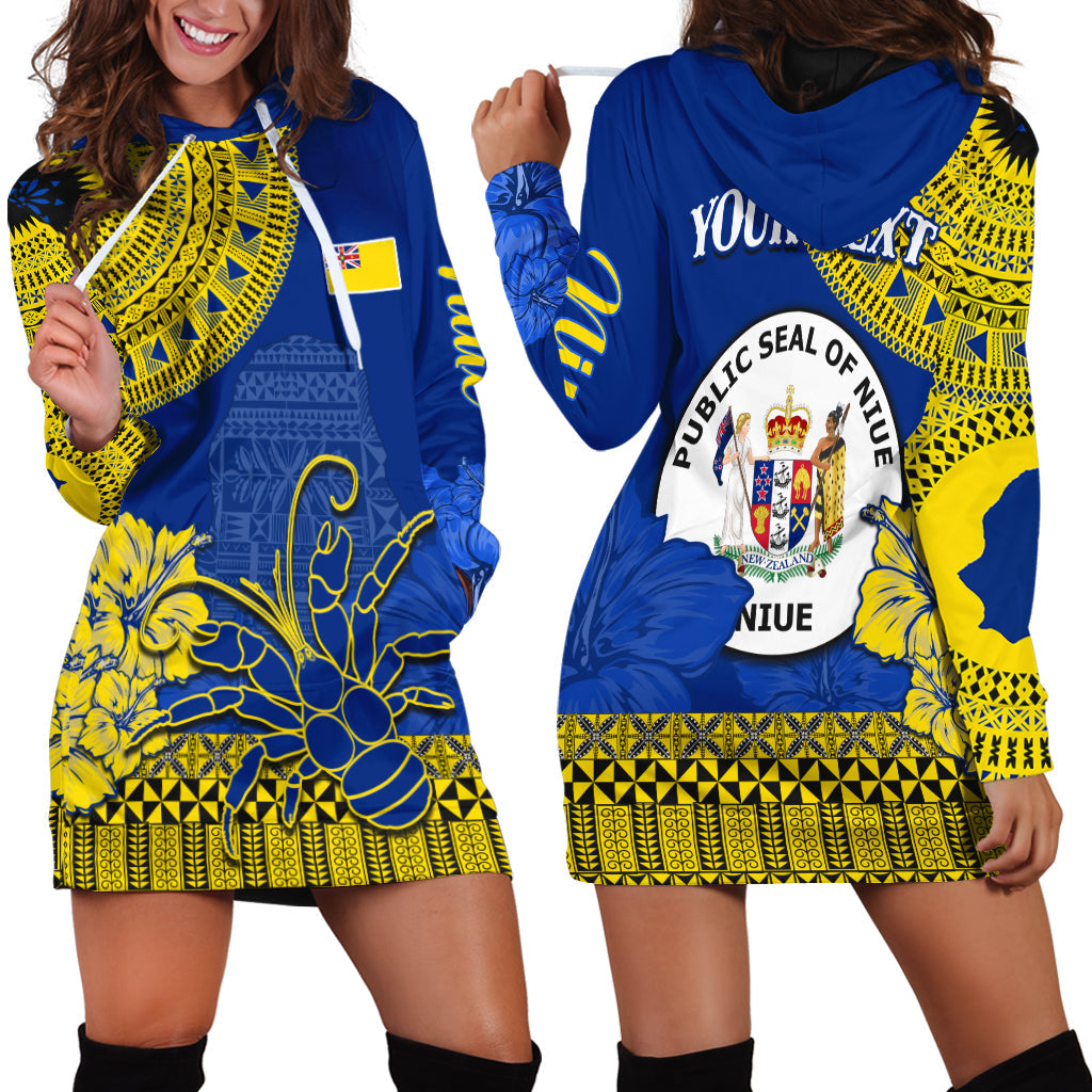 (Custom Personalised) Niue Hiapo Hoodie Dress Rock of Polynesia Tapa Niuean Crab Happy Day LT13 Blue - Polynesian Pride