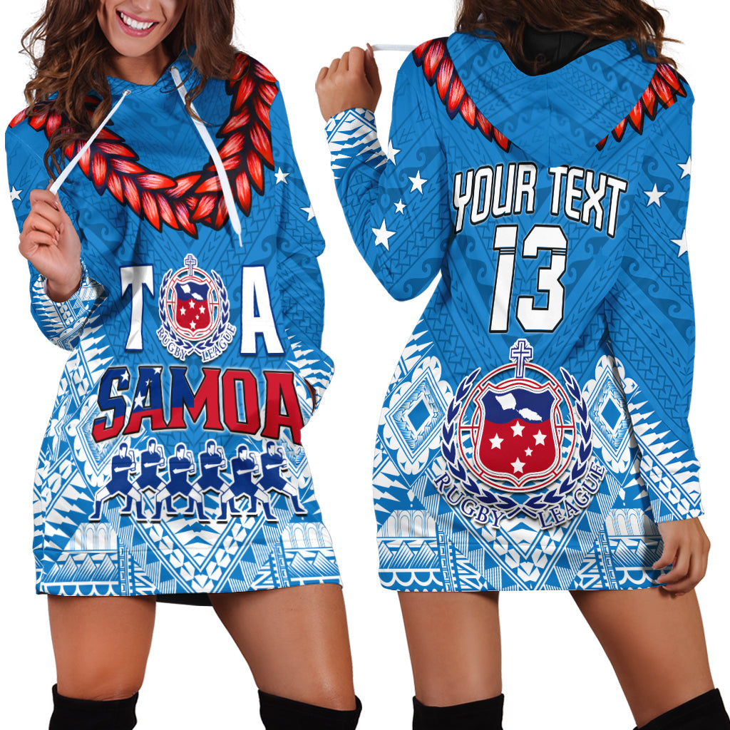 (Custom Personalise Text and Number) Toa Samoa Rugby Hoodie Dress Manu Siva Tau Style Ulafala LT13 Blue - Polynesian Pride