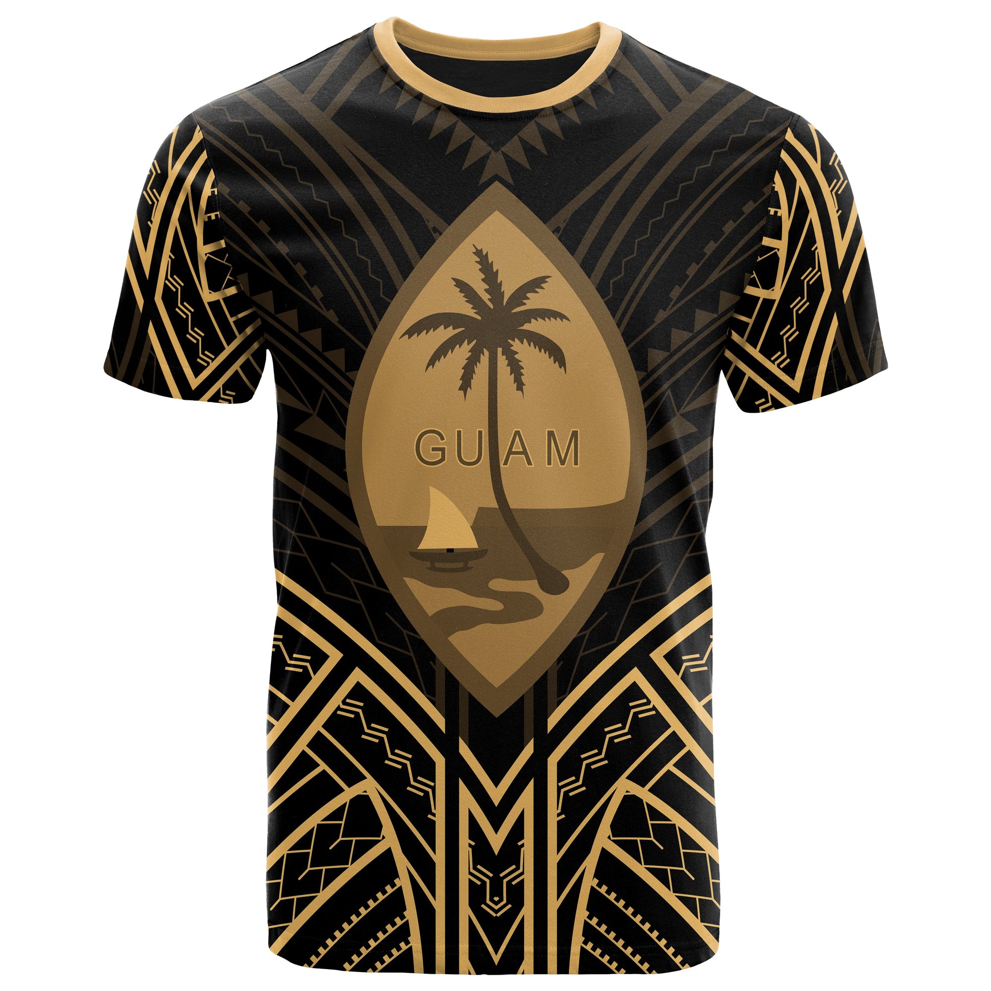 Guam T Shirt Guam Seal Tribal Gold Color Patterns Unisex Black - Polynesian Pride
