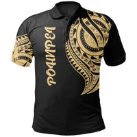 Pohnpei State Polo Shirt Micronesian Tatau Gold Patterns Unisex Black - Polynesian Pride