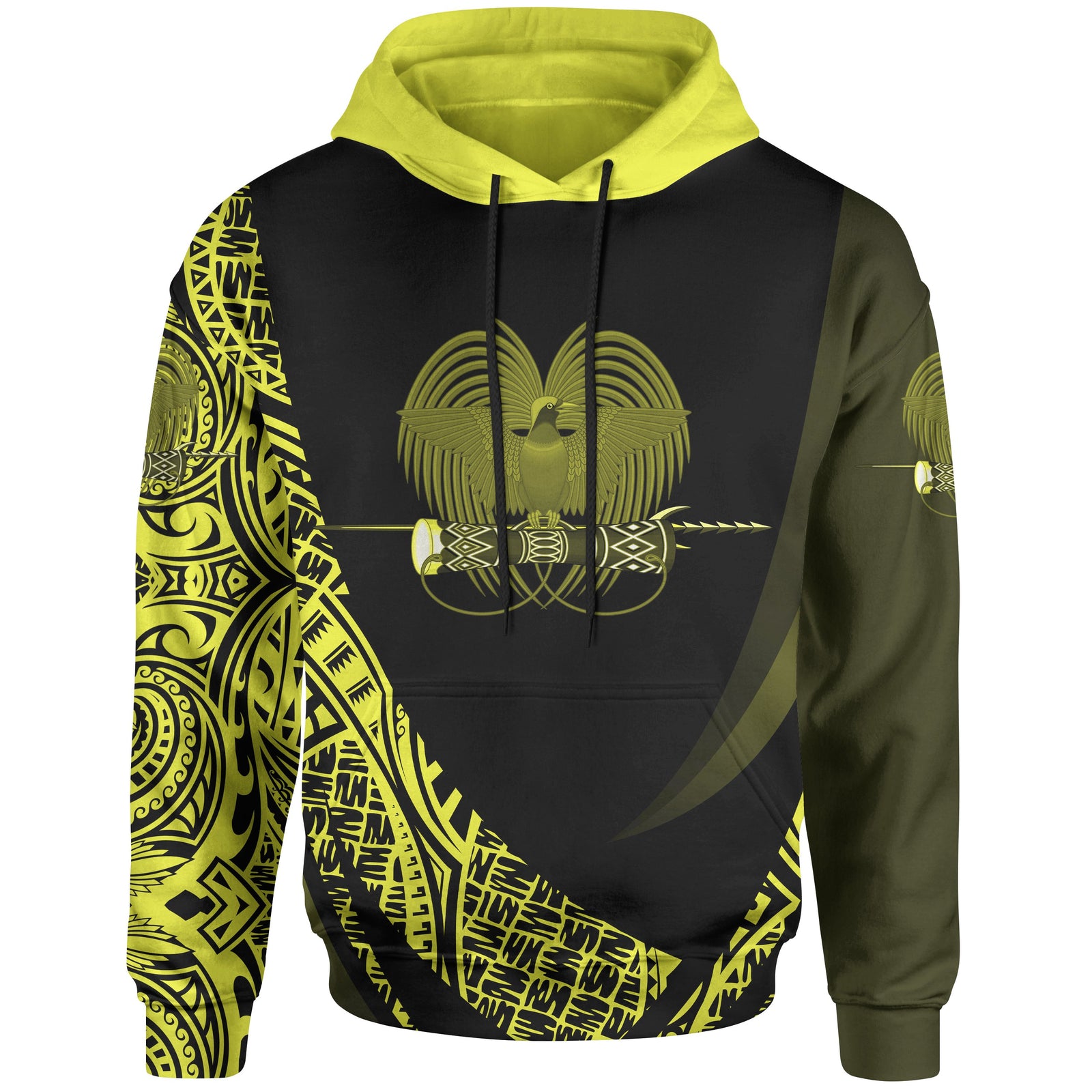 Papua New Guinea Hoodie Yellow Polynesian Patterns Sport Style Unisex Black - Polynesian Pride