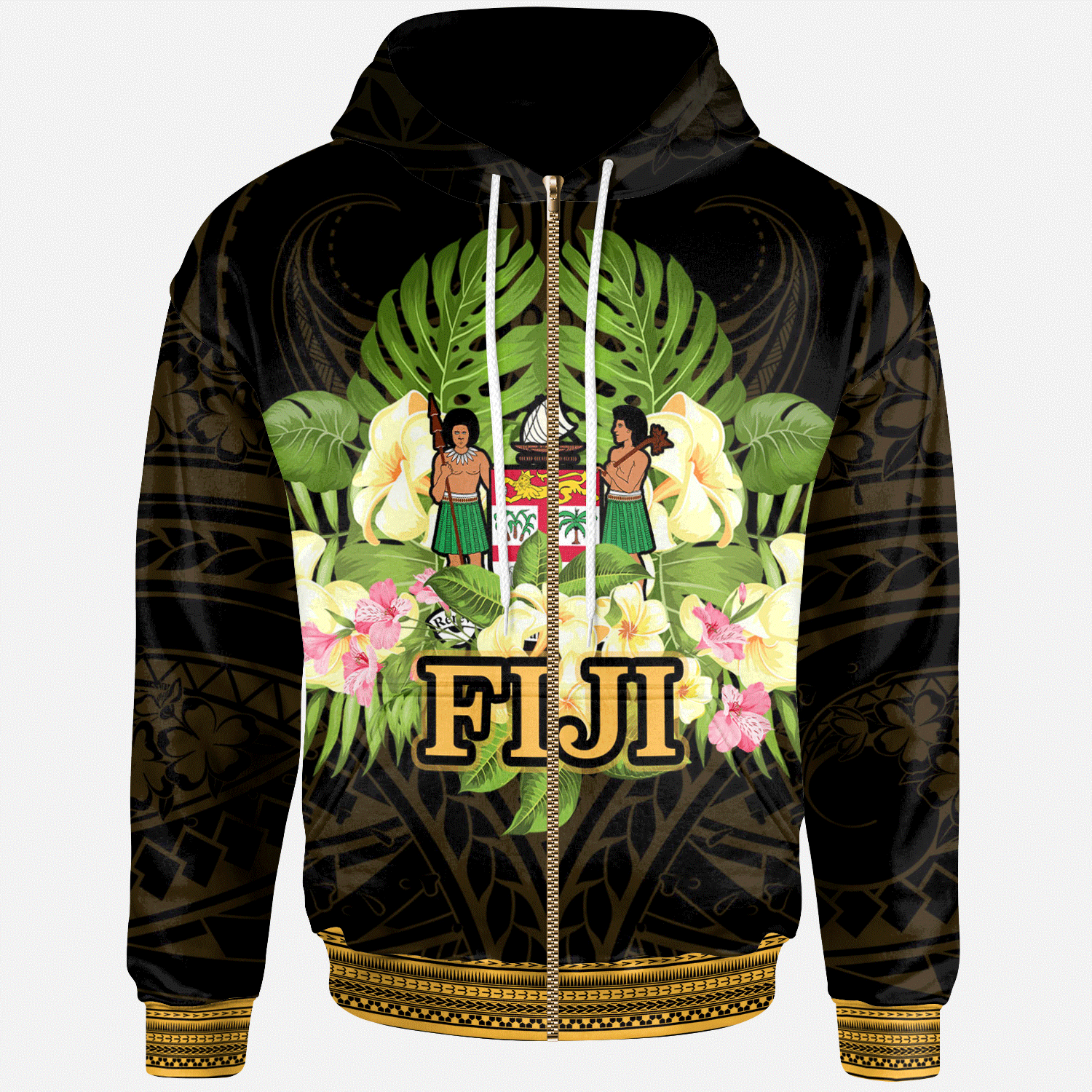 Fiji Zip Hoodie Polynesian Gold Patterns Collection Unisex Black - Polynesian Pride