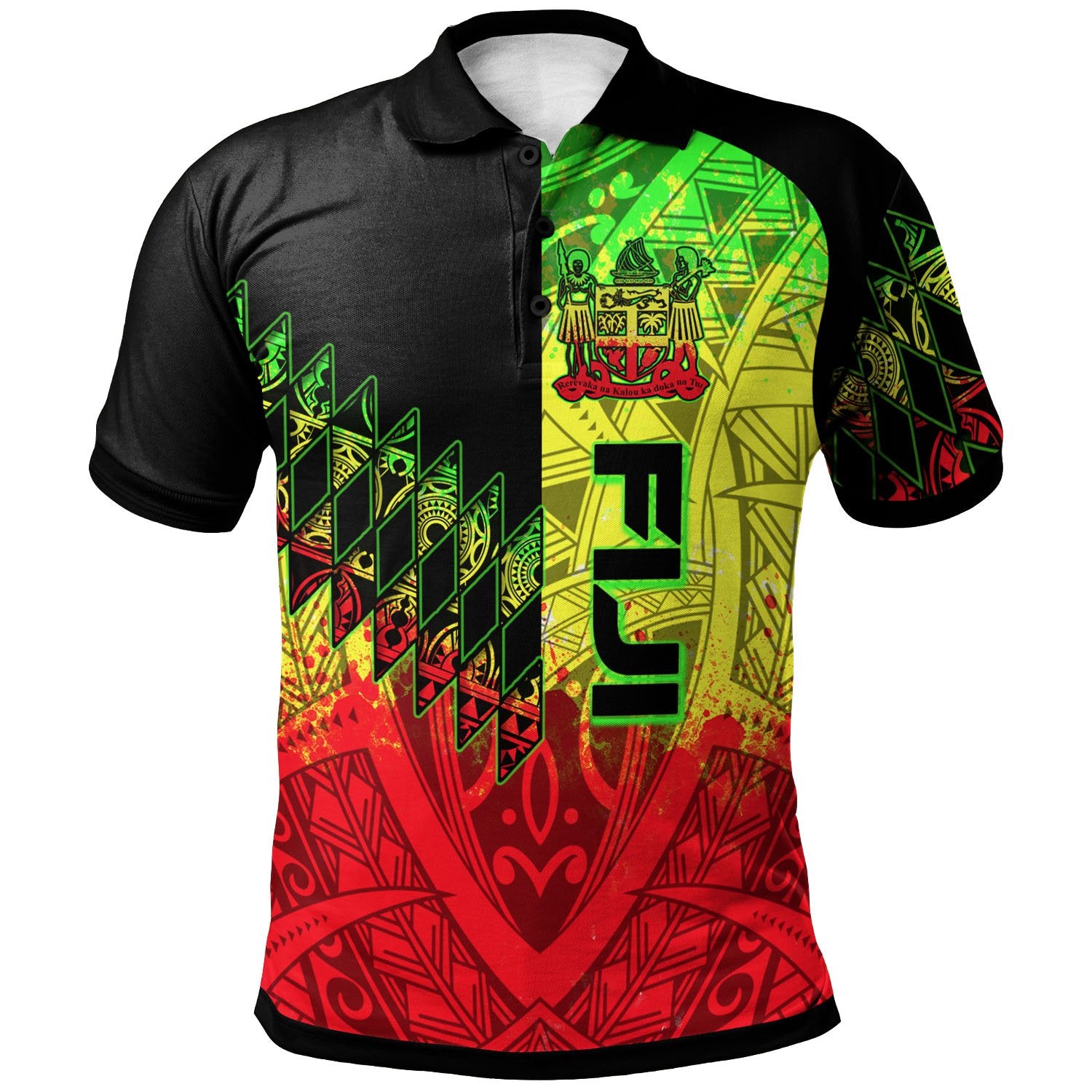 Fiji Polo Shirt Reggage Color Symmetry Style Unisex Black - Polynesian Pride