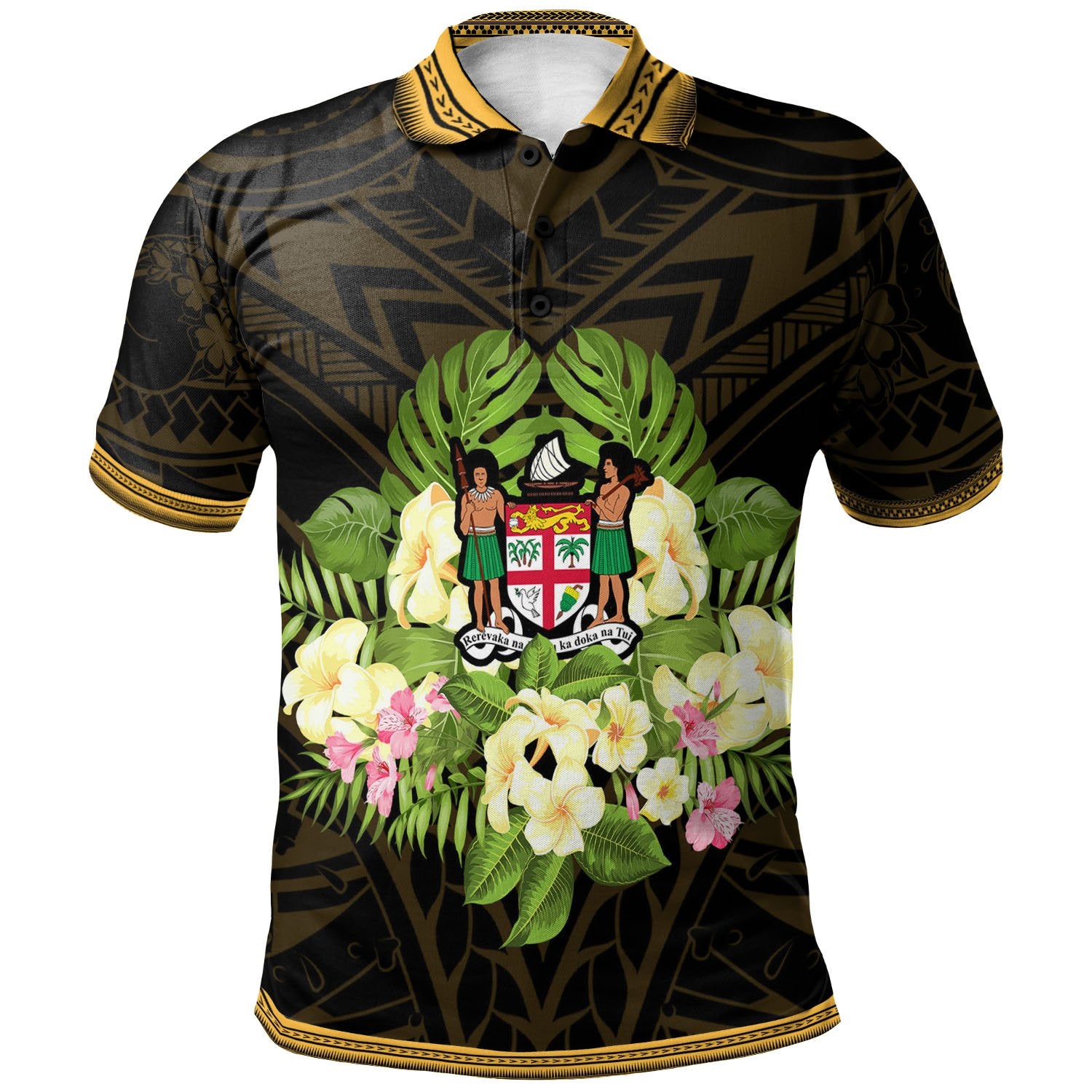 Fiji Polo Shirt Polynesian Gold Patterns Collection Unisex Black - Polynesian Pride