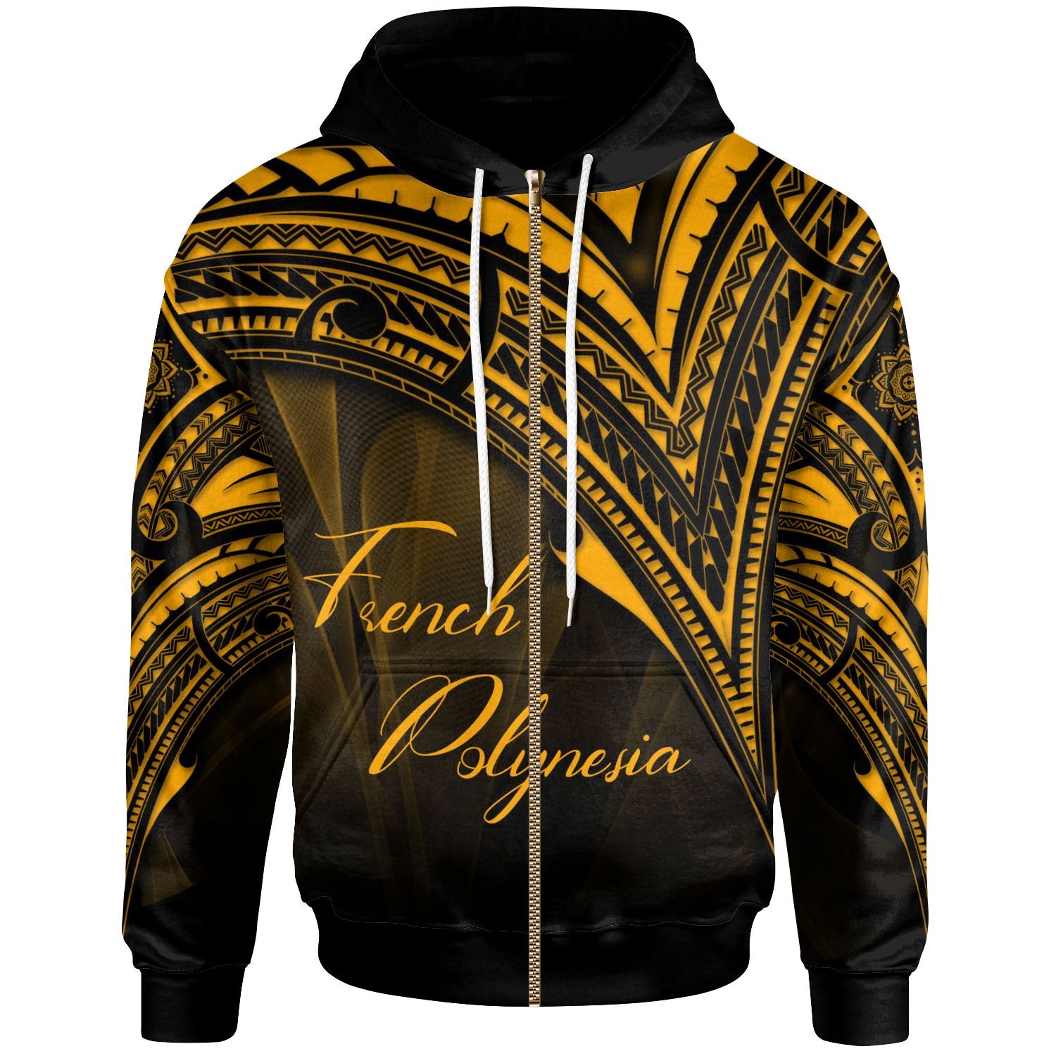 French Polynesia Zip Hoodie Gold Color Cross Style Unisex Black - Polynesian Pride