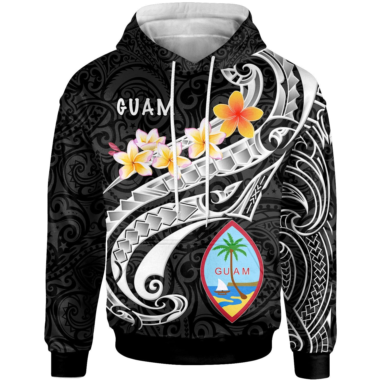 Guam Hoodie Guam Seal Polynesian Patterns Plumeria (Black) Unisex Black - Polynesian Pride