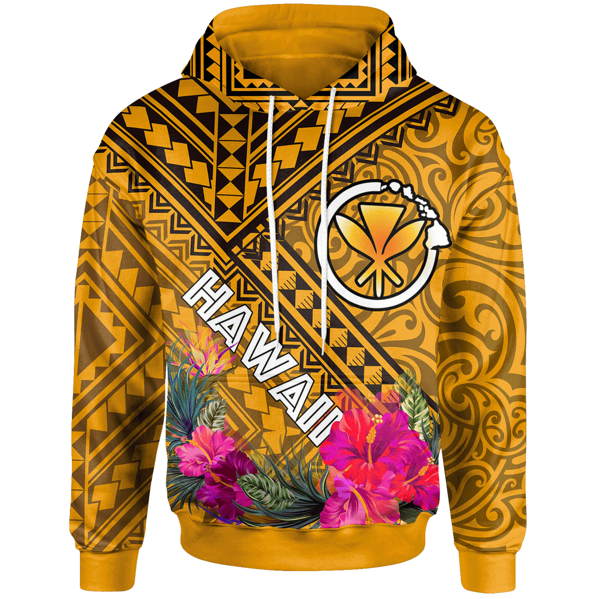 Hawaii Hoodie Kanaka Maoli With Hibiscus On Polynesian Patterns (YELLOW) Unisex Yellow - Polynesian Pride