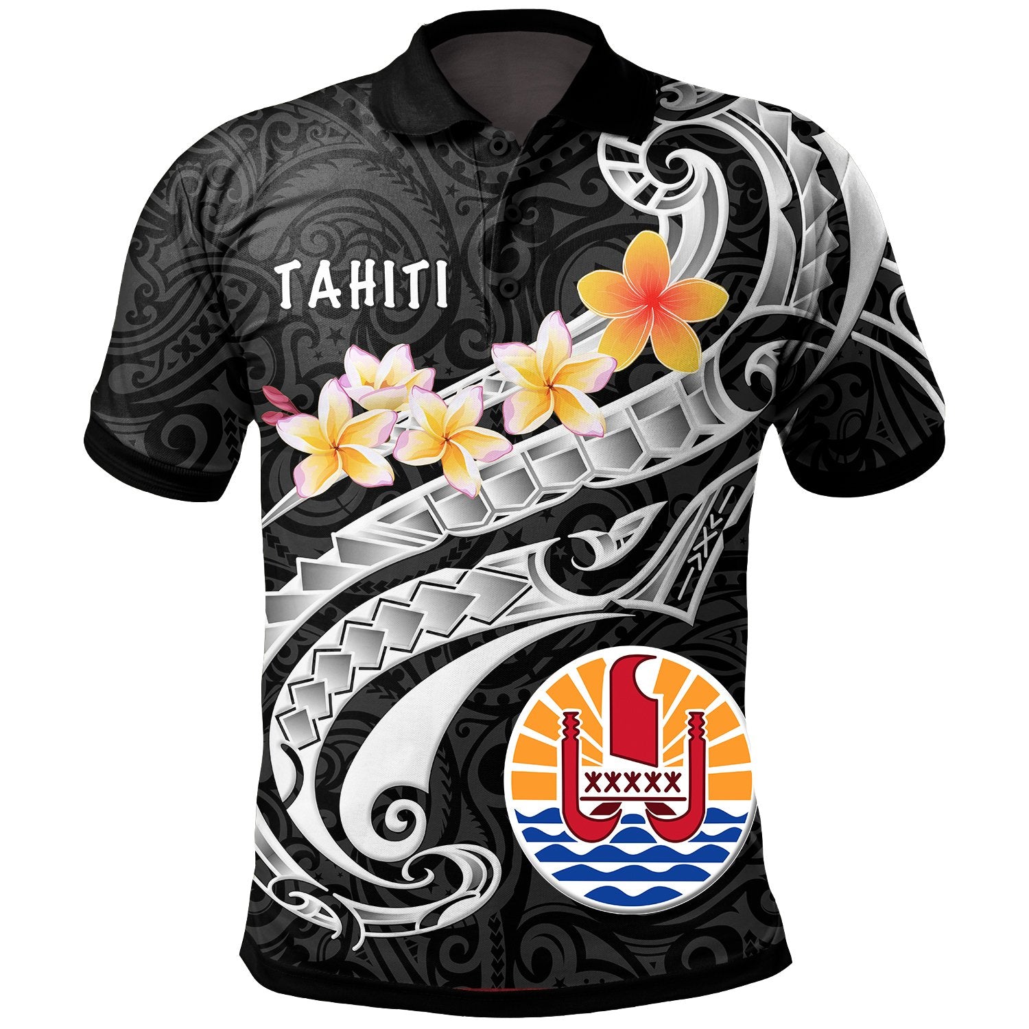 Tahiti Polo Shirt Tahitian Seal Polynesian Patterns Plumeria (Black) Unisex Black - Polynesian Pride