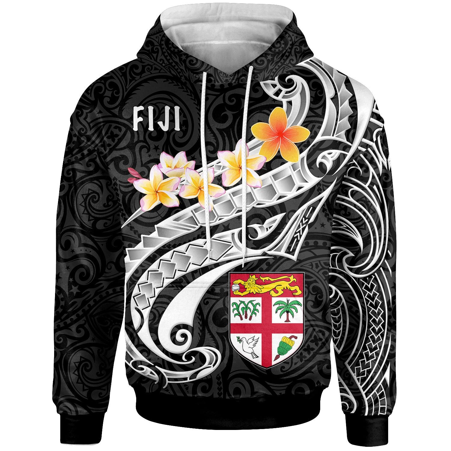 Fiji Hoodie Fiji Seal Polynesian Patterns Plumeria (Black) Unisex Black - Polynesian Pride