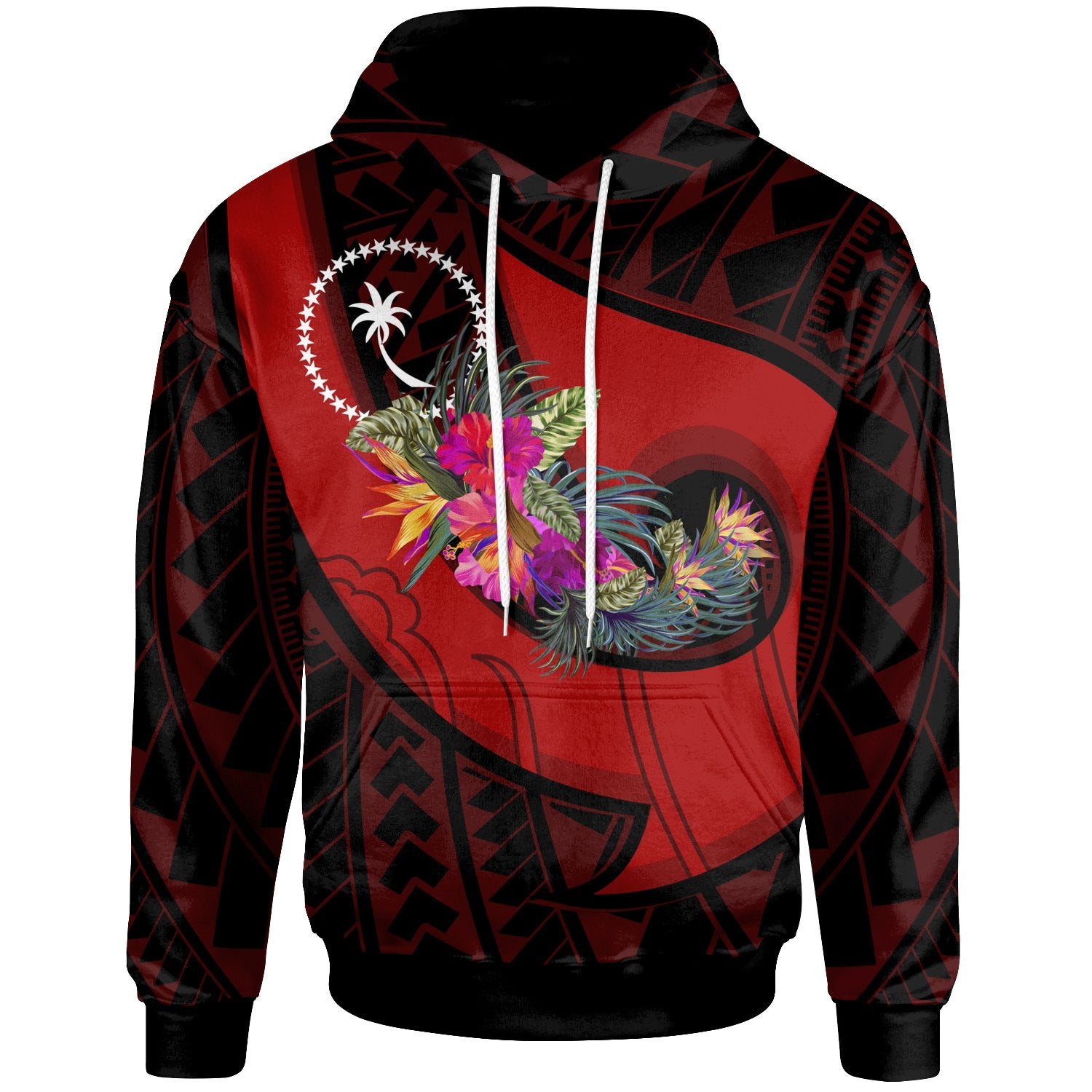 Chuuk Hoodie Polynesian Hook and Hibiscus (Red) Unisex Red - Polynesian Pride