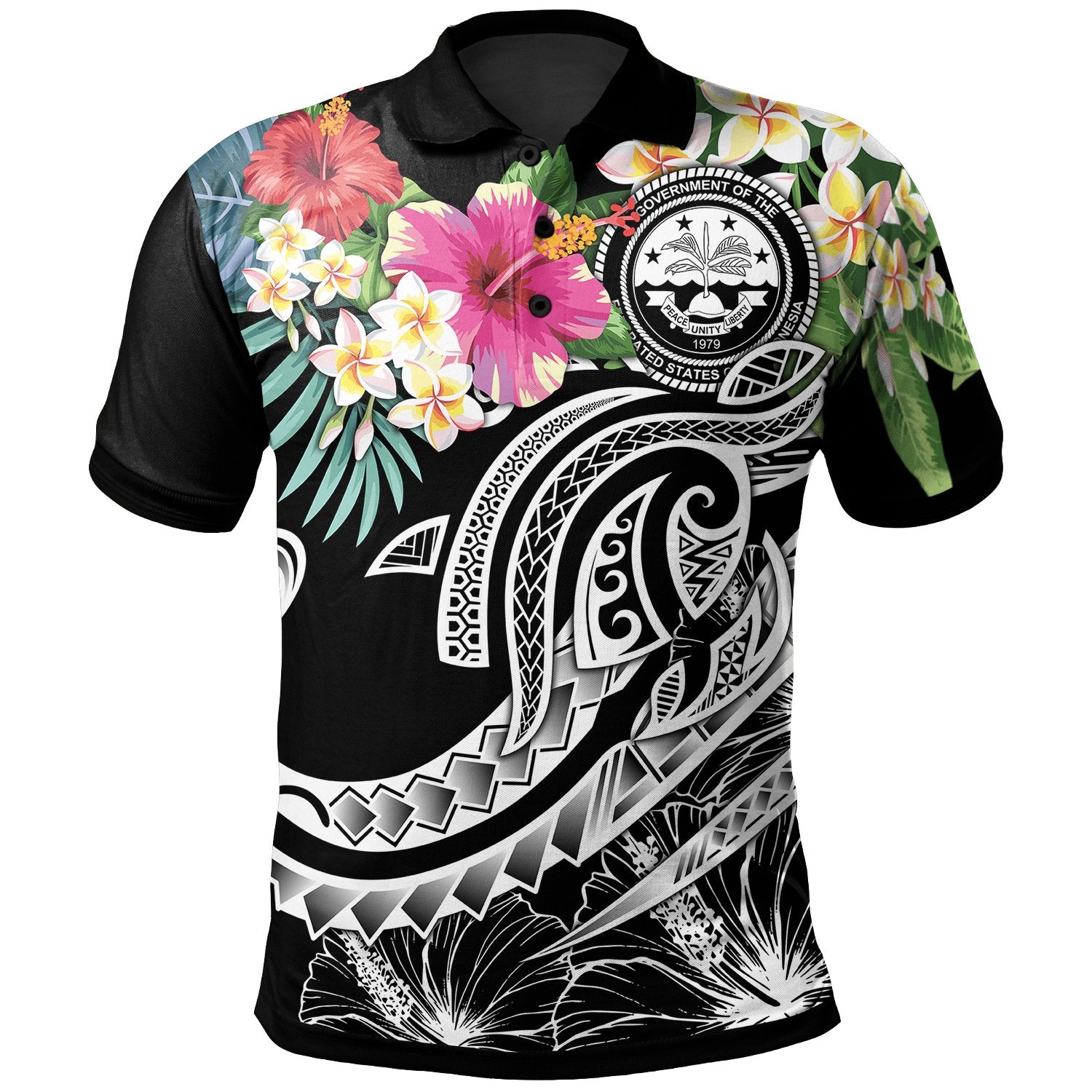 FSM Polynesian Polo Summer Plumeria (Black) Unisex Black - Polynesian Pride