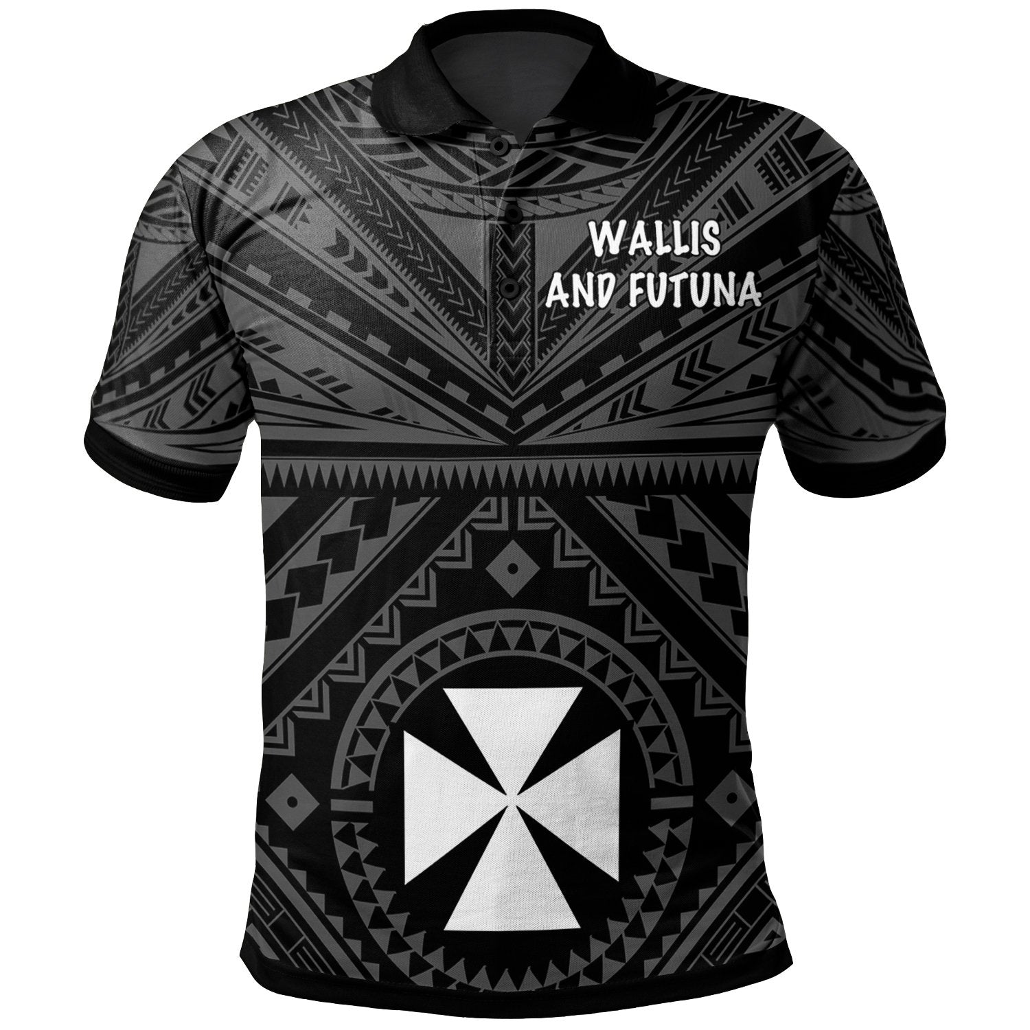 Wallis and Futuna Polo Wallis and Futuna Seal With Polynesian Tattoo Style Unisex Black - Polynesian Pride