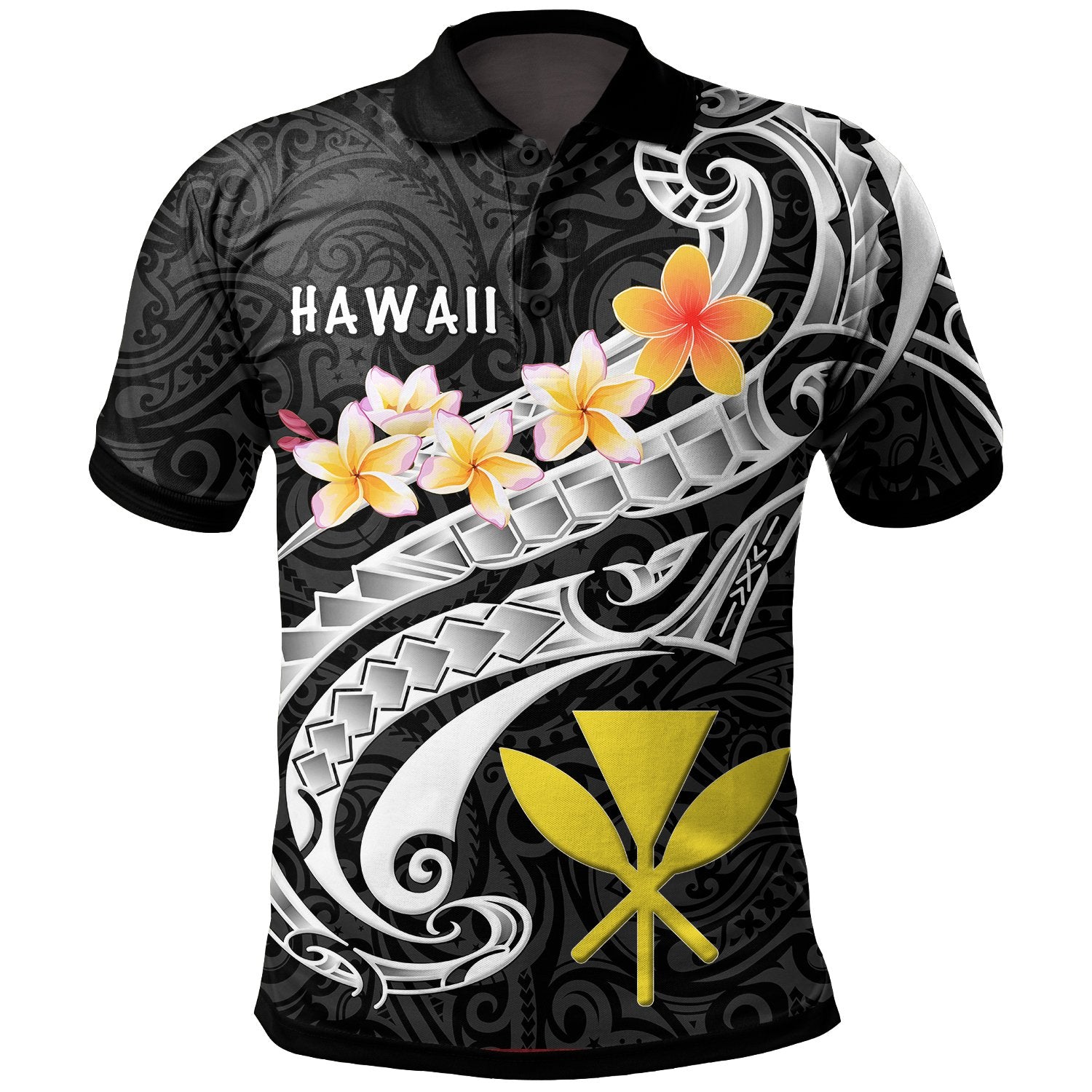 Hawaii Polo Shirt Kanaka Maoli Polynesian Patterns Plumeria (Black) Unisex Black - Polynesian Pride