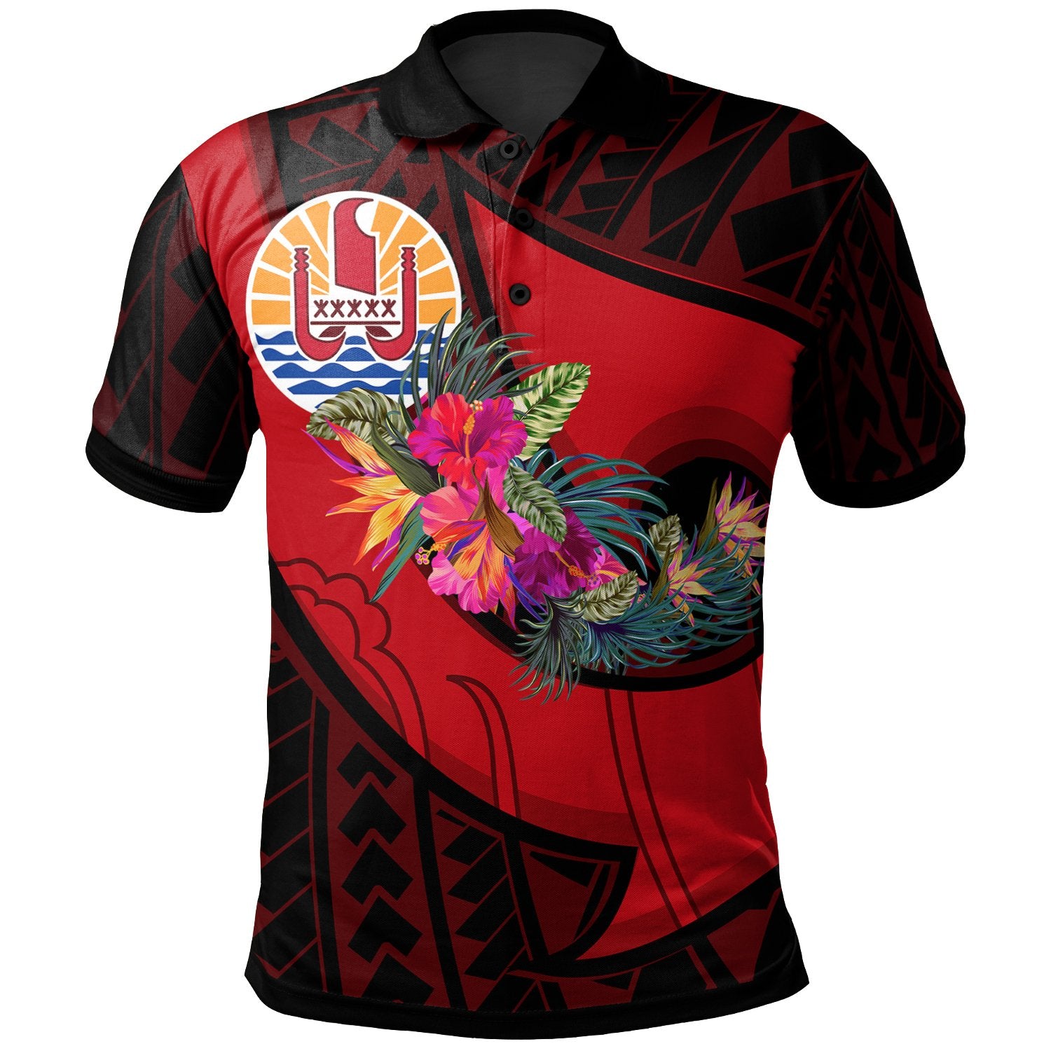 Tahiti Polo Shirt Polynesian Hook and Hibiscus (Red) Unisex Red - Polynesian Pride