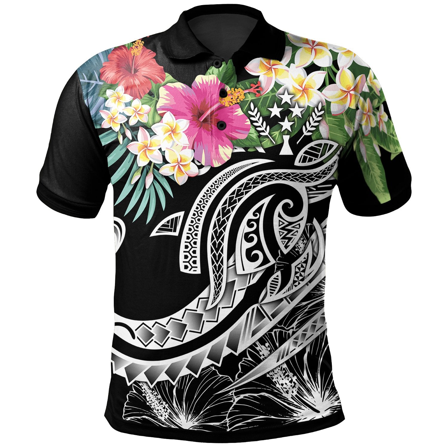 Kosrae Polynesian Polo Shirt Summer Plumeria (Black) Unisex Black - Polynesian Pride