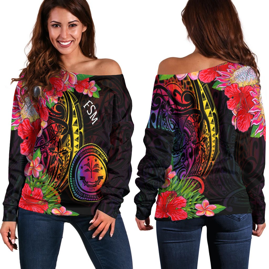 Federated States of Micronesia Women's Off Shoulder Sweater - Tropical Hippie Style Black - Polynesian Pride