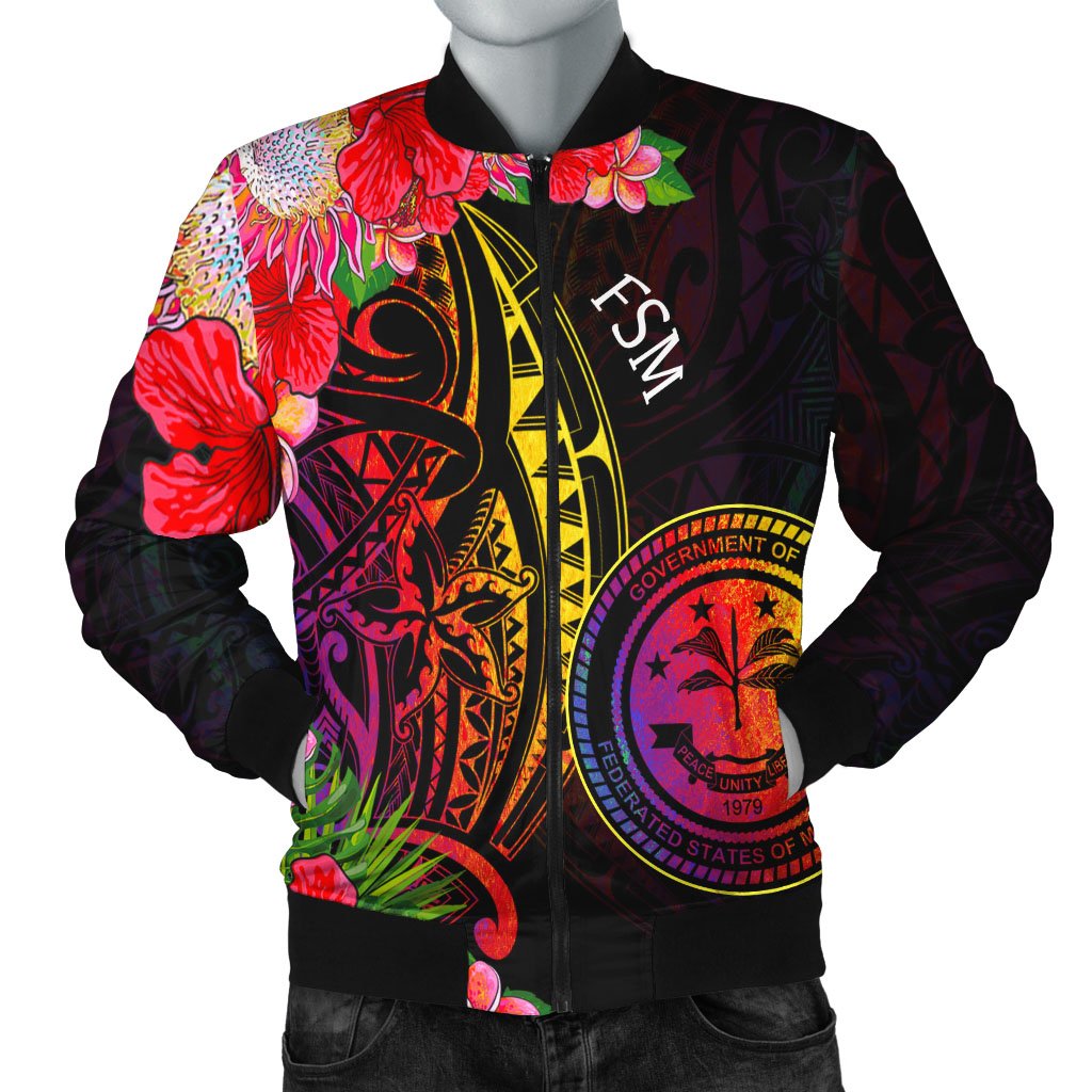 Federated States of Micronesia Men's Bomber Jacket - Tropical Hippie Style Black - Polynesian Pride