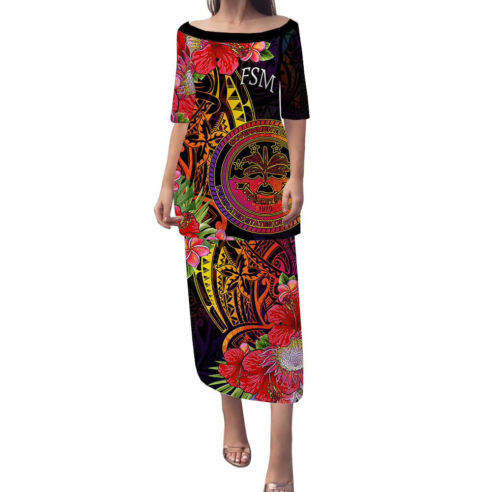 Federated States Of Micronesia Puletasi Dress Tropical Hippie Style LT14 Black - Polynesian Pride