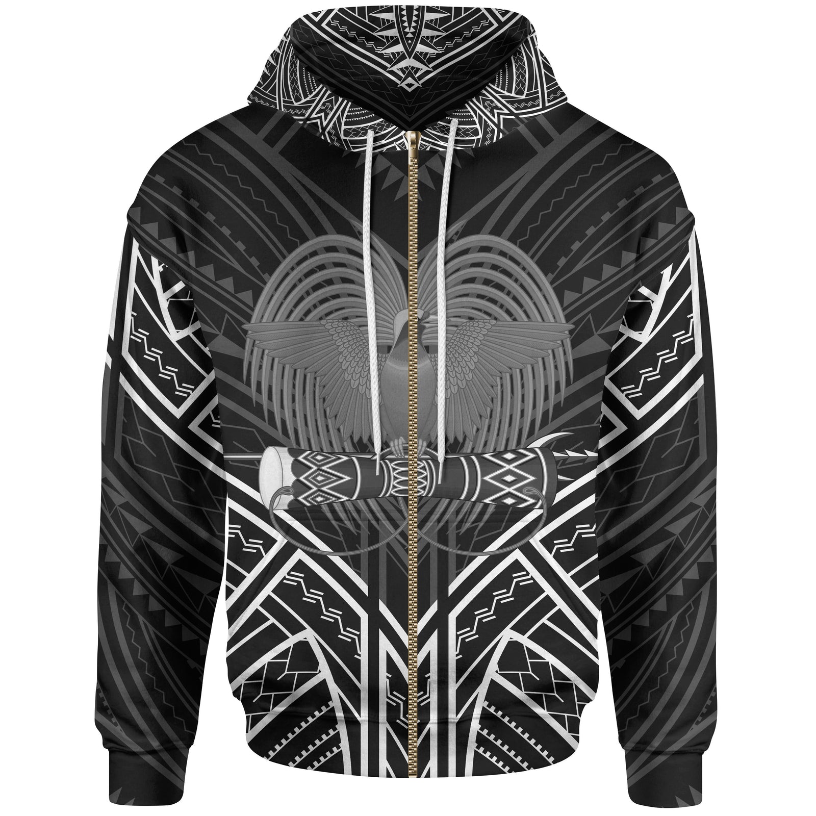 Papua New Guinea Zip Hoodie Papua New Guinea Seal Black Tribal Patterns Unisex White - Polynesian Pride