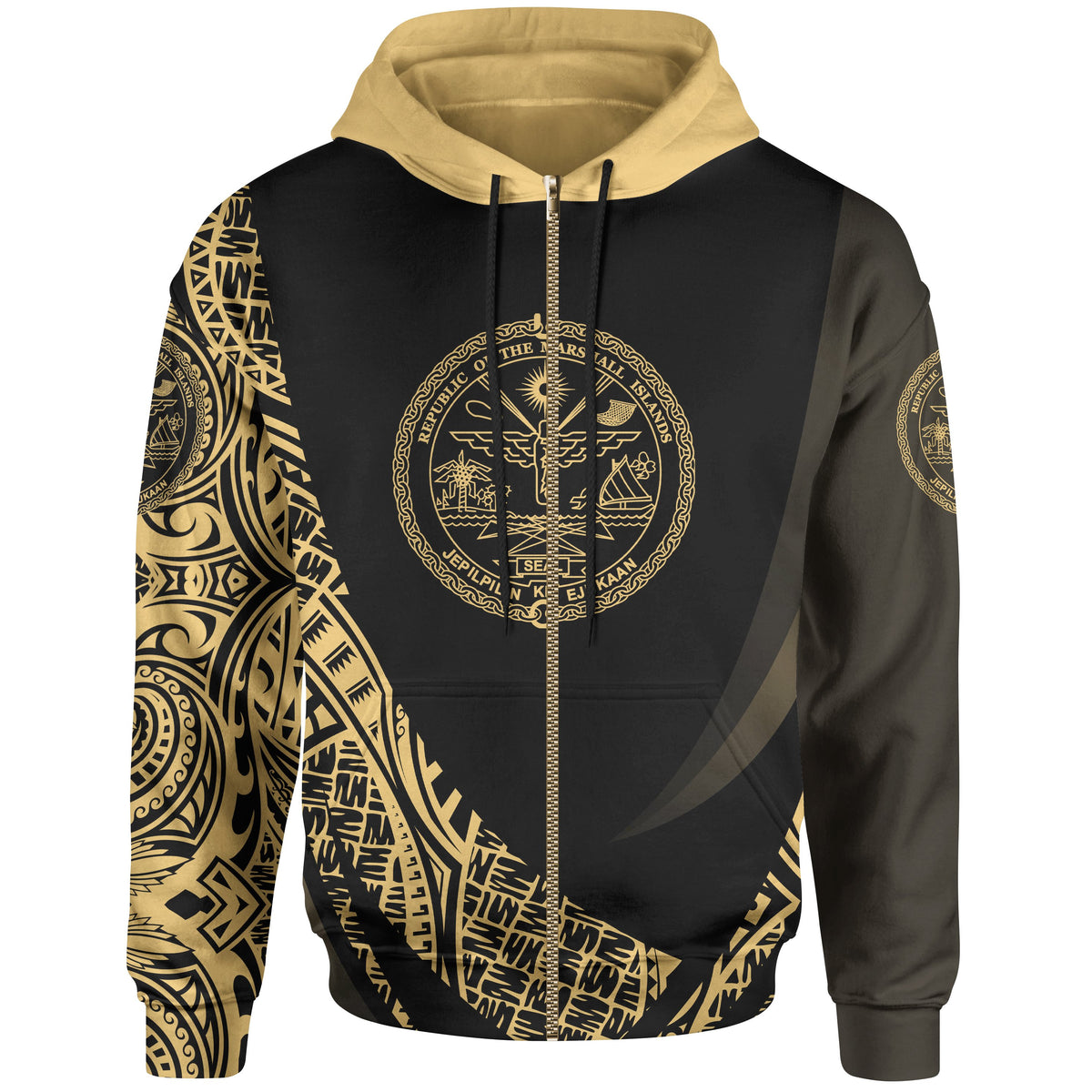 Marshall Islands Zip Hoodie Gold Polynesian Patterns Sport Style Unisex Black - Polynesian Pride