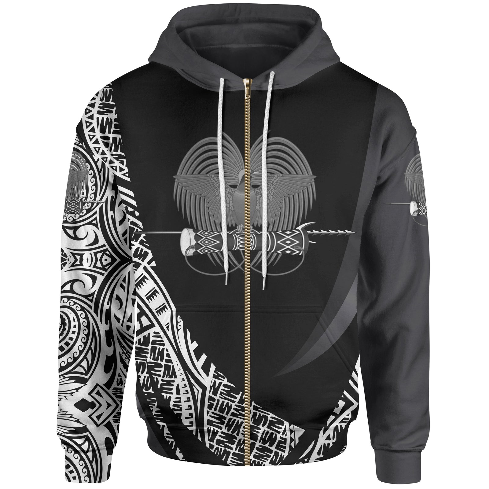 Papua New Guinea Zip Hoodie White Polynesian Patterns Sport Style Unisex Black - Polynesian Pride