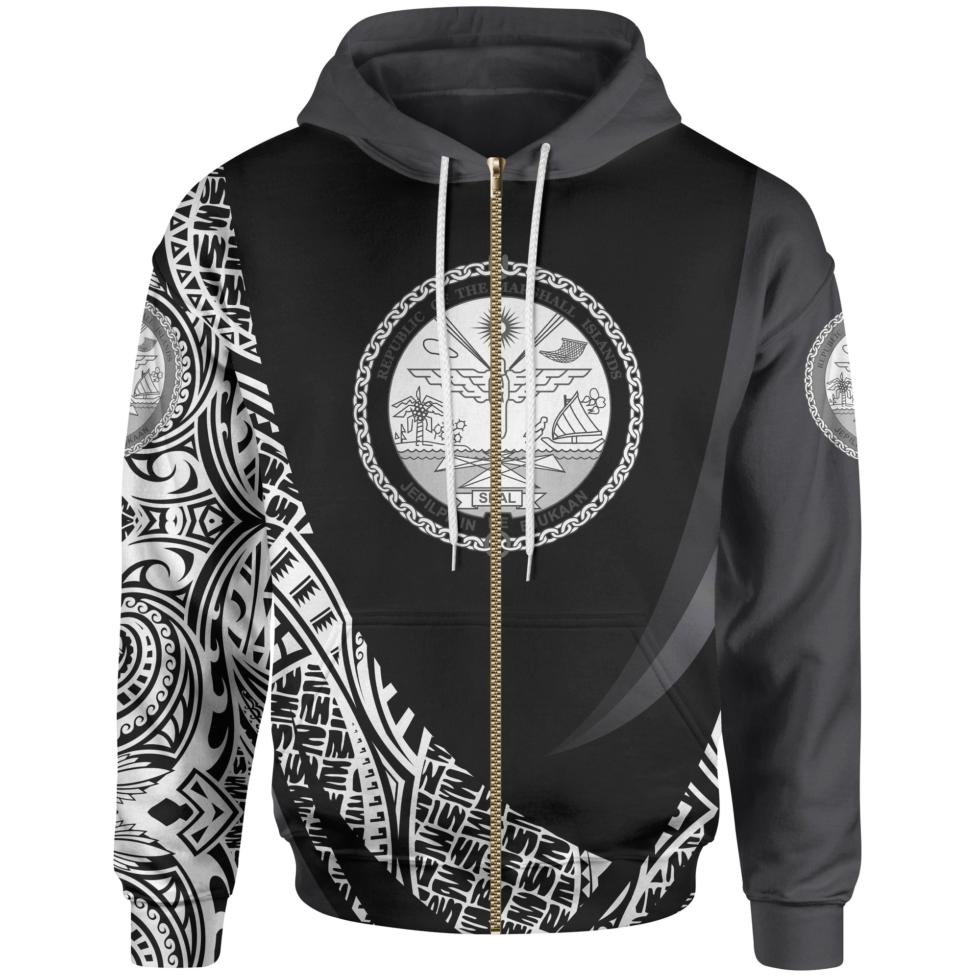 Marshall Islands Zip Hoodie White Polynesian Patterns Sport Style Unisex Black - Polynesian Pride