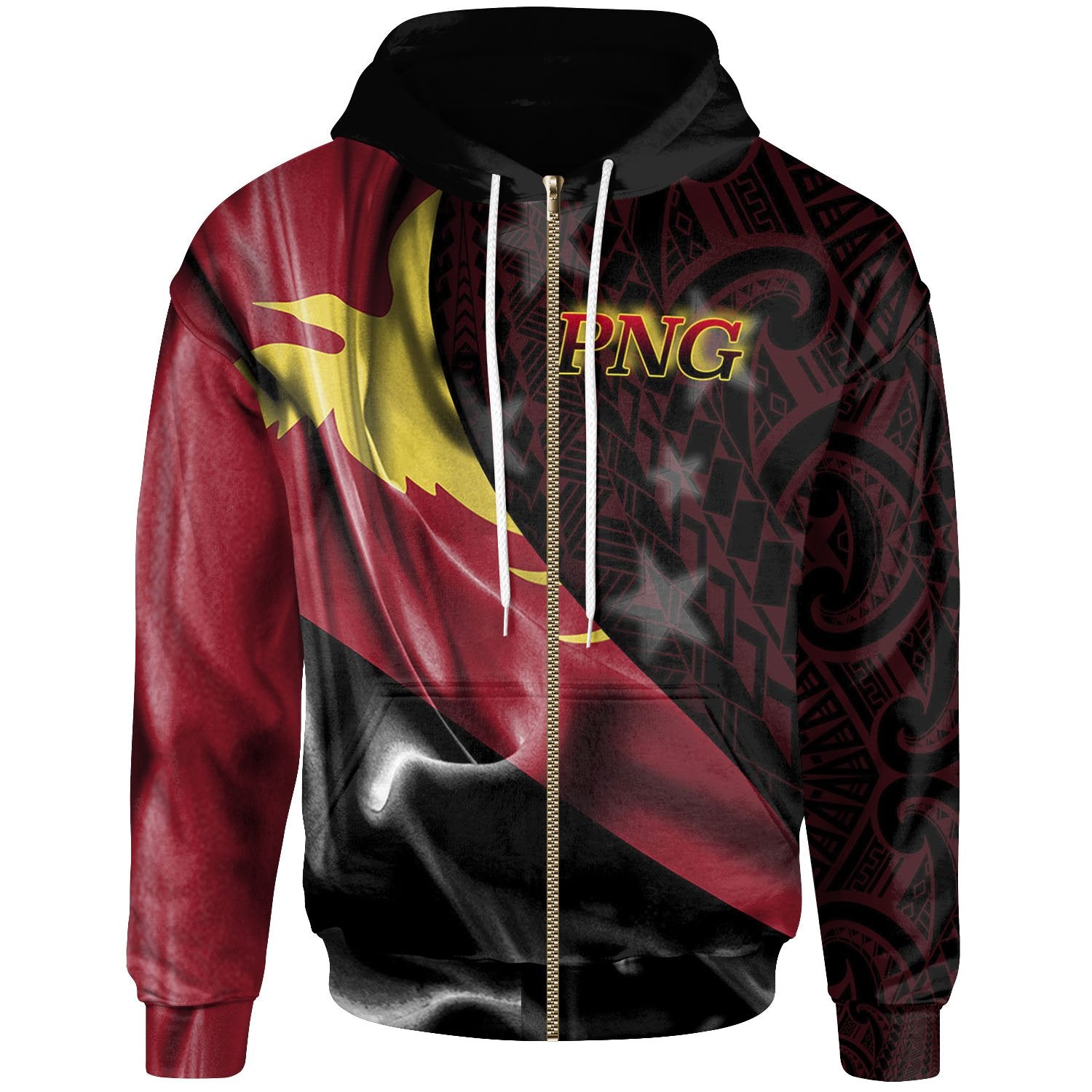 Papua New Guinea Zip Hoodie PNG Flag of Silk Style Unisex Black - Polynesian Pride