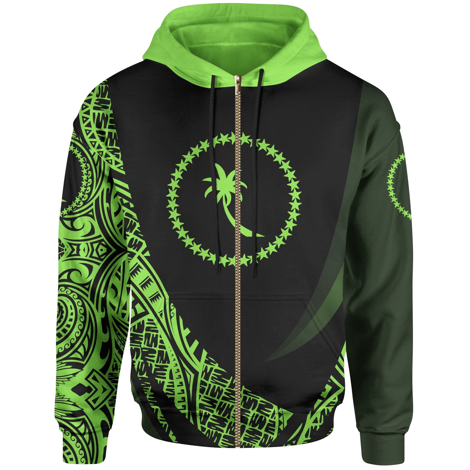 Chuuk State Zip Hoodie Green Polynesian Patterns Sport Style Unisex Black - Polynesian Pride