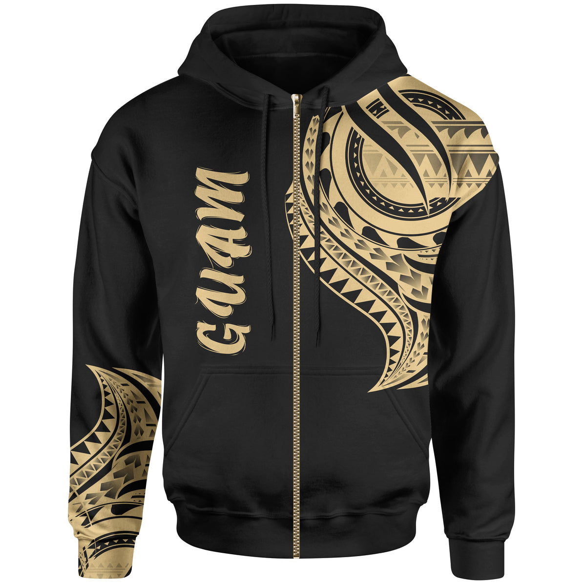 Guam Zip Hoodie Guam Tatau Gold Patterns Unisex Black - Polynesian Pride