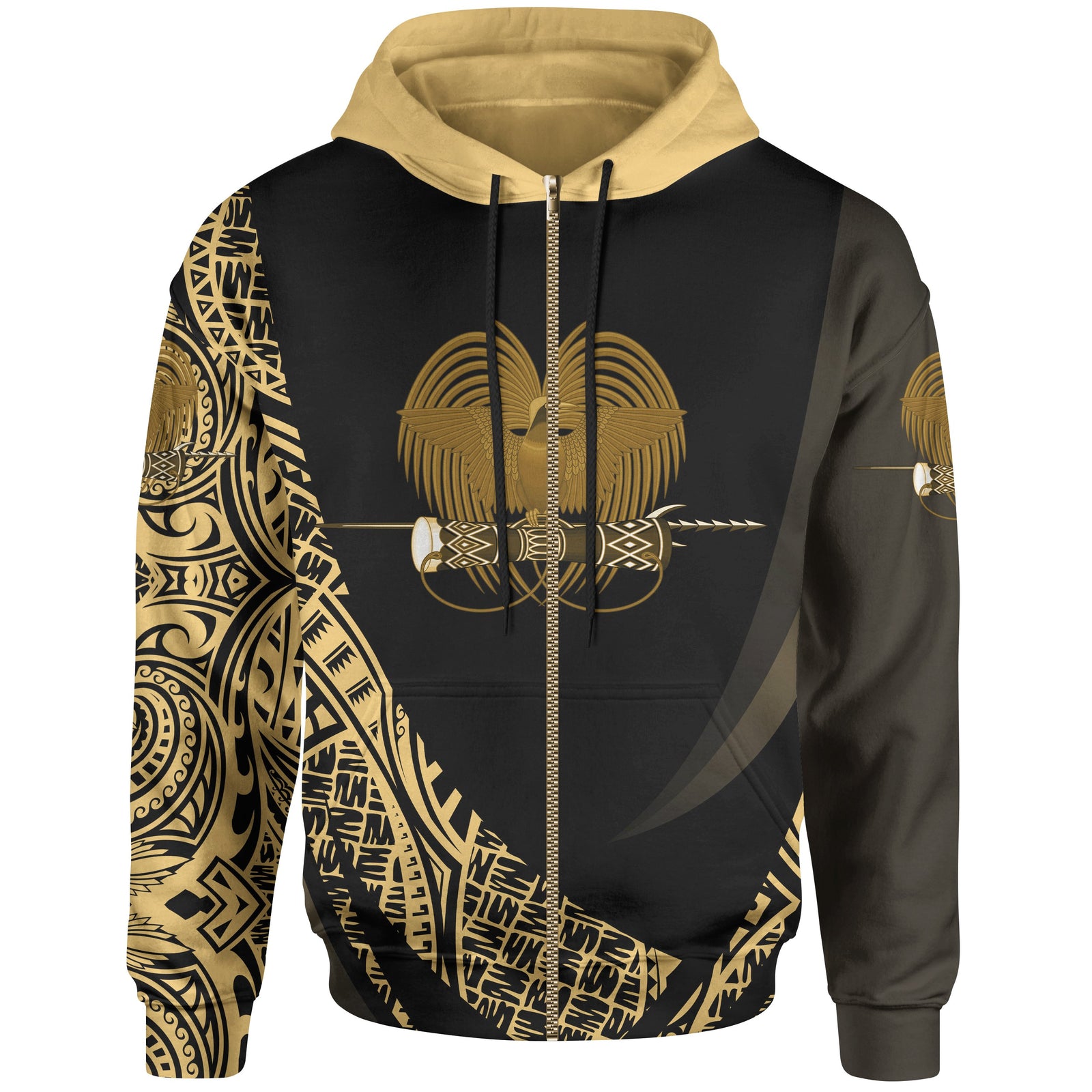 Papua New Guinea Zip Hoodie Gold Polynesian Patterns Sport Style Unisex Black - Polynesian Pride