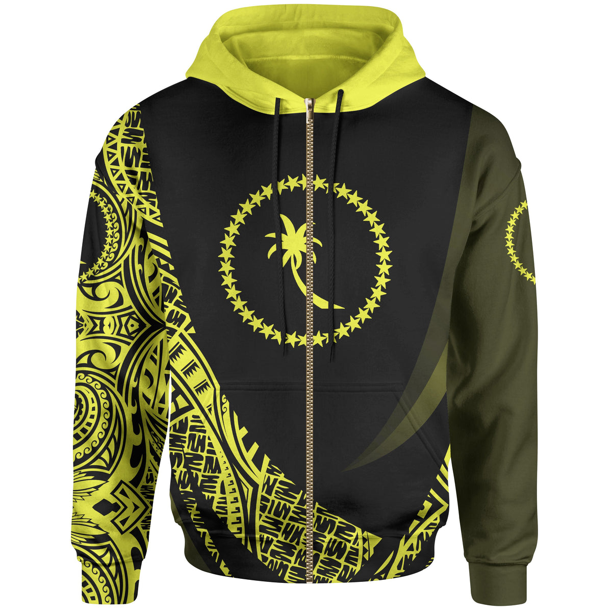 Chuuk State Zip Hoodie Yellow Polynesian Patterns Sport Style Unisex Black - Polynesian Pride