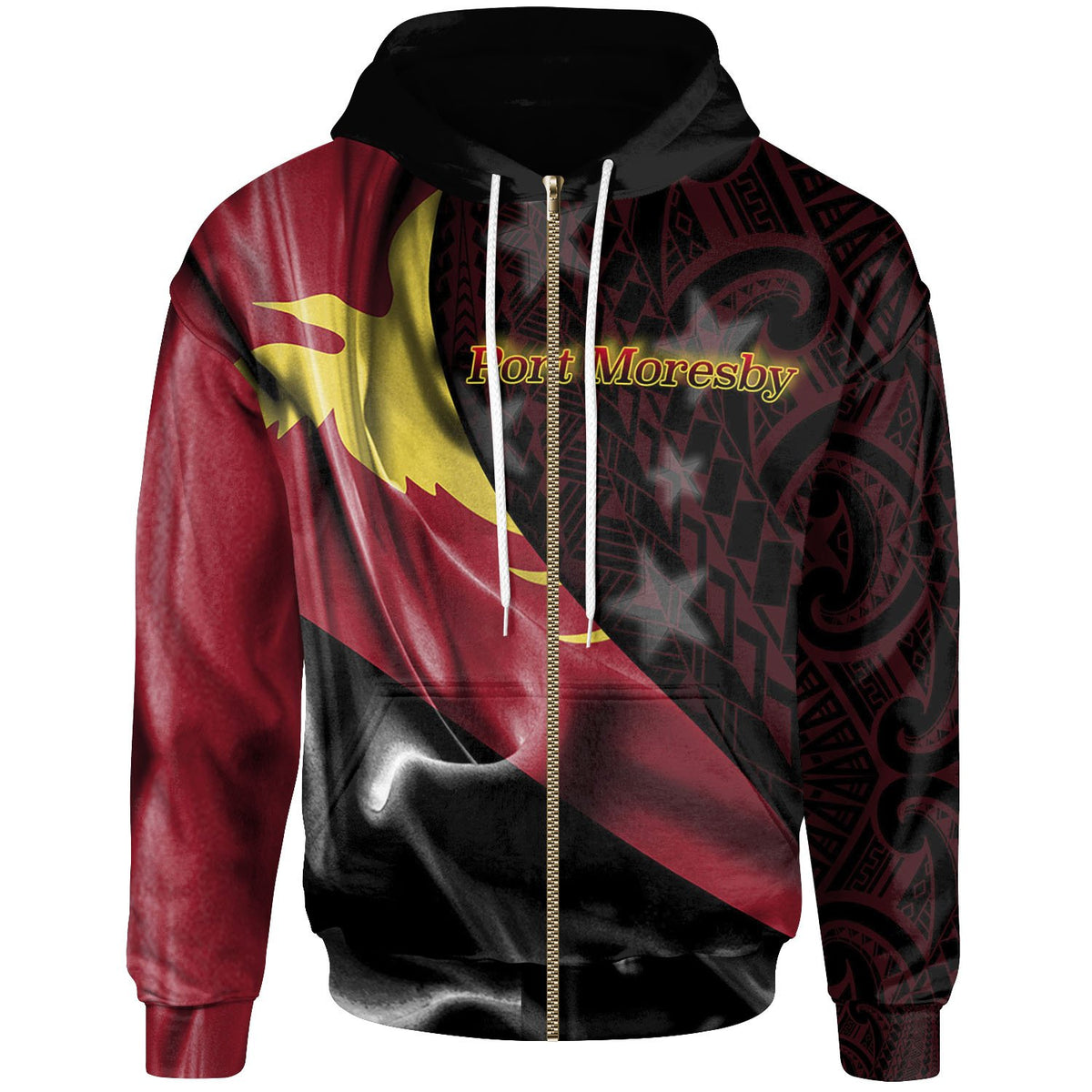 Papua New Guinea Zip Hoodie Port Moresby PNG Flag of Silk Style Unisex Black - Polynesian Pride
