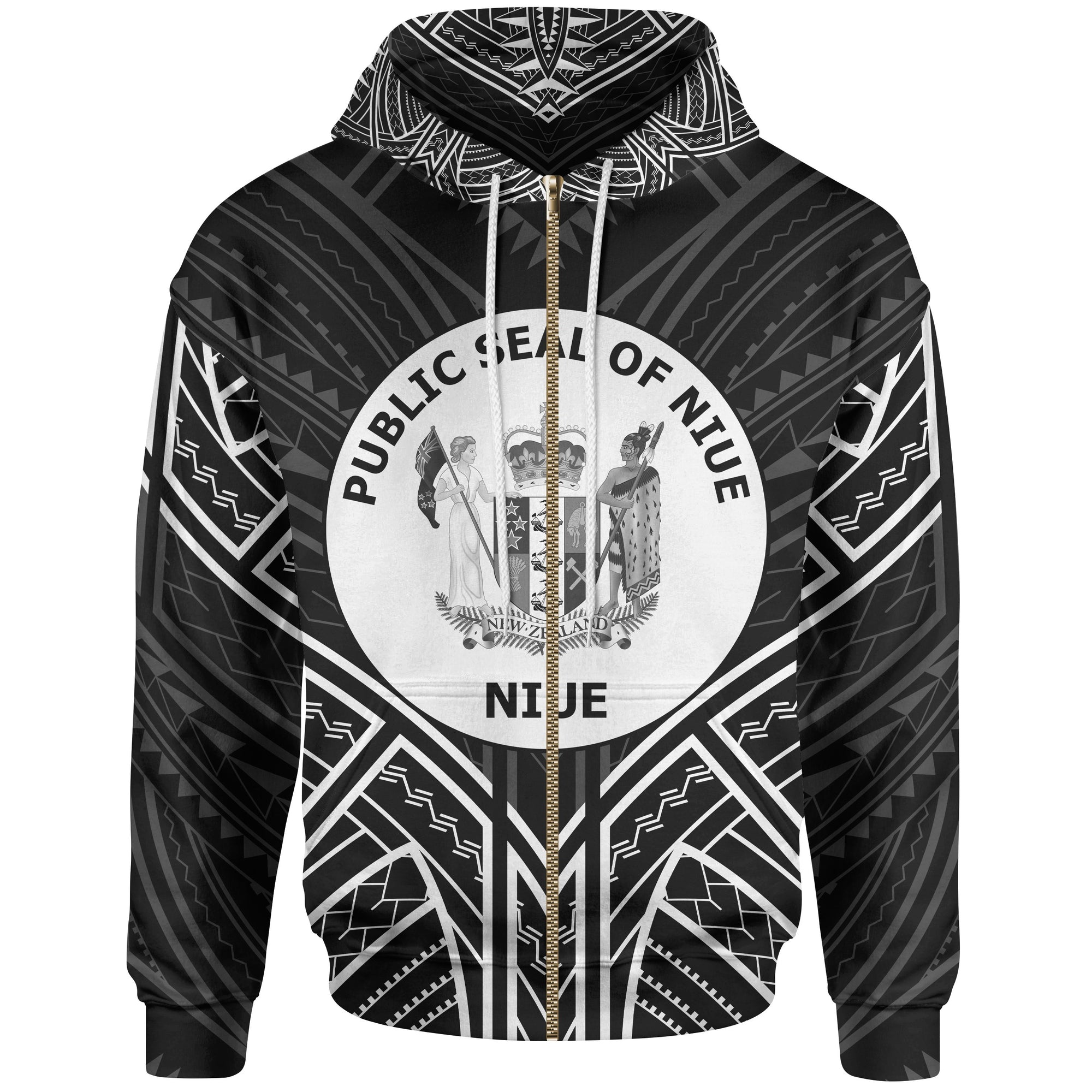 Niue Zip Hoodie Niue Seal Black Tribal Patterns Unisex White - Polynesian Pride