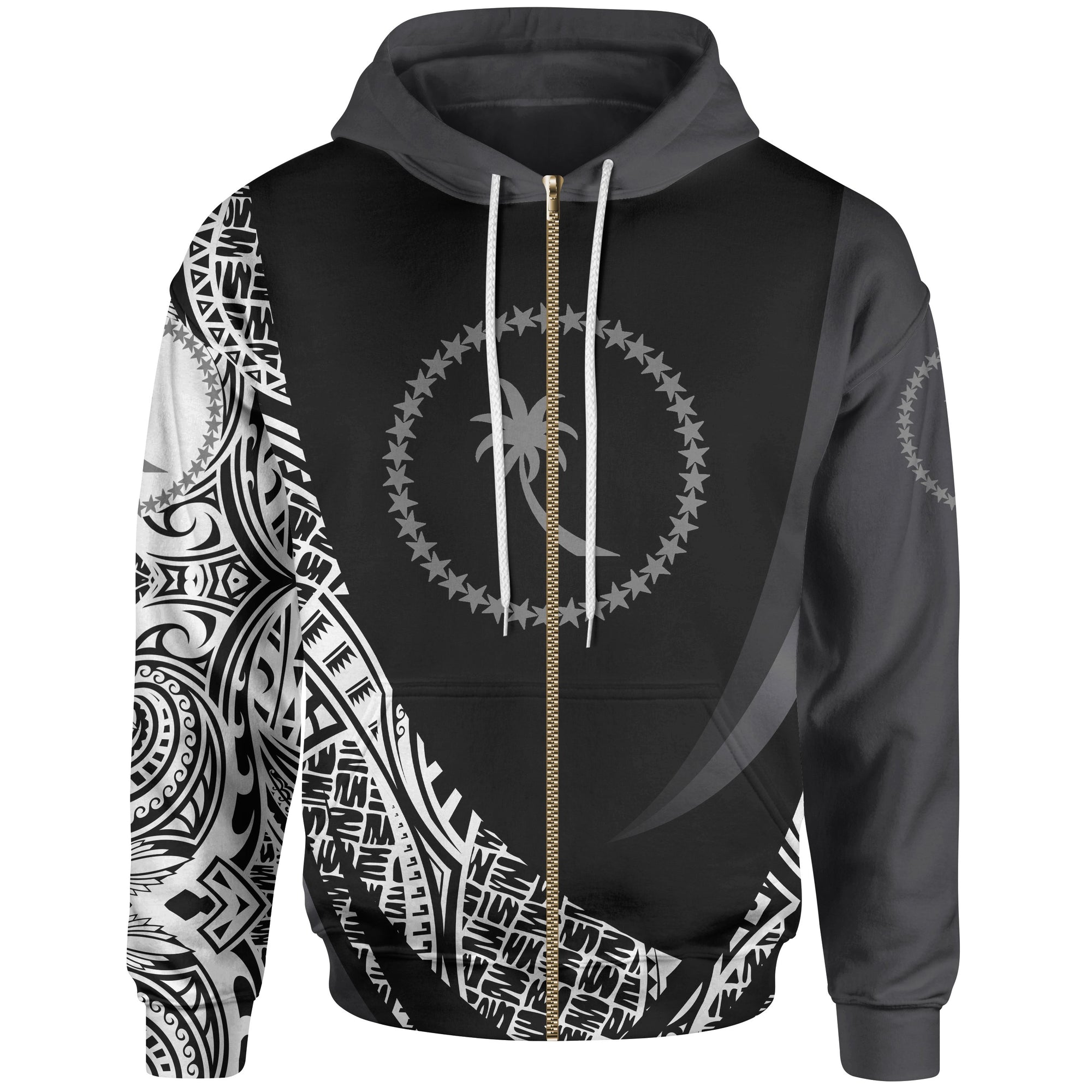 Chuuk State Zip Hoodie White Polynesian Patterns Sport Style Unisex Black - Polynesian Pride